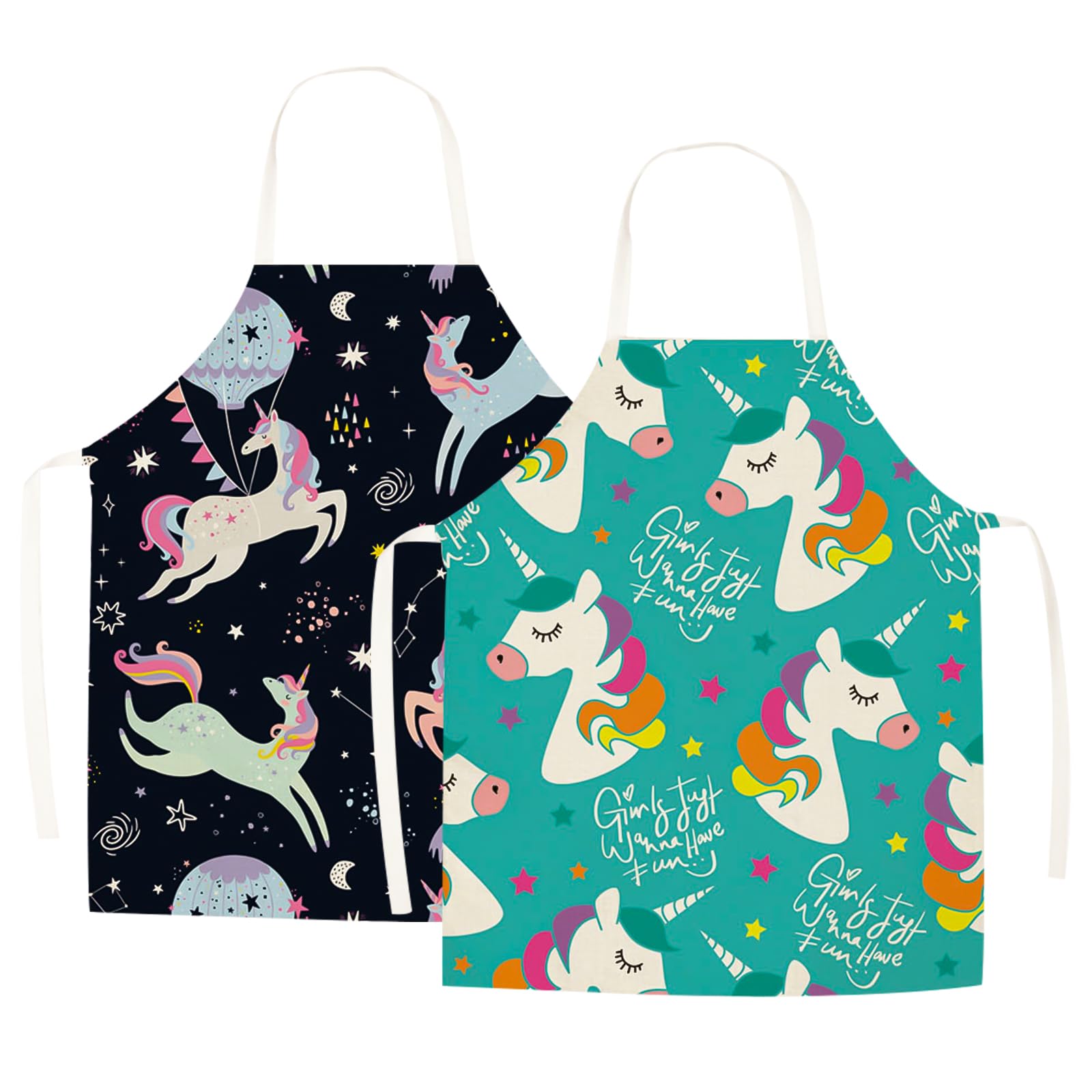 Wolepaz 2 Pcs Kids Aprons, Cartoon Style Adjustable Child Chef Aprons, Linen Unicorn Horse Aprons for Boys Girl's Kitchen Cooking Baking Painting Wear(Green+Blue)
