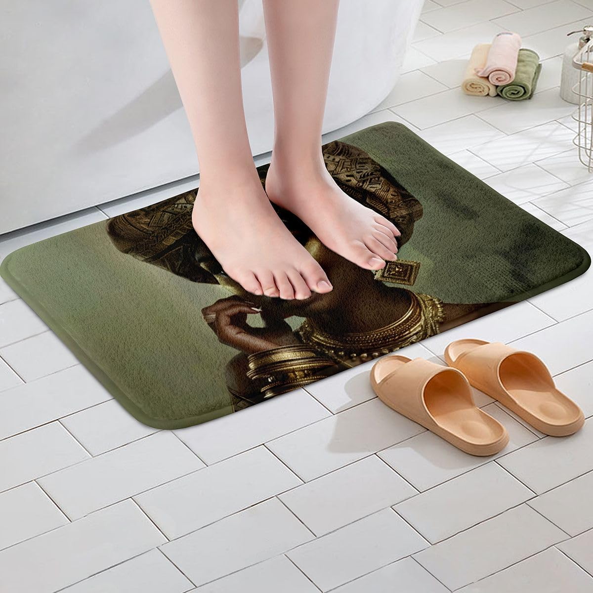 Manfei African Beauty Bathroom Rug Gold Accessories Portrait Non Slip Bath Mat Kids Teens Woman Melanin Art Shaggy Absorbent Floor Mat Bath Indoor Doormat Decor,16"x24" Black Green image 4
