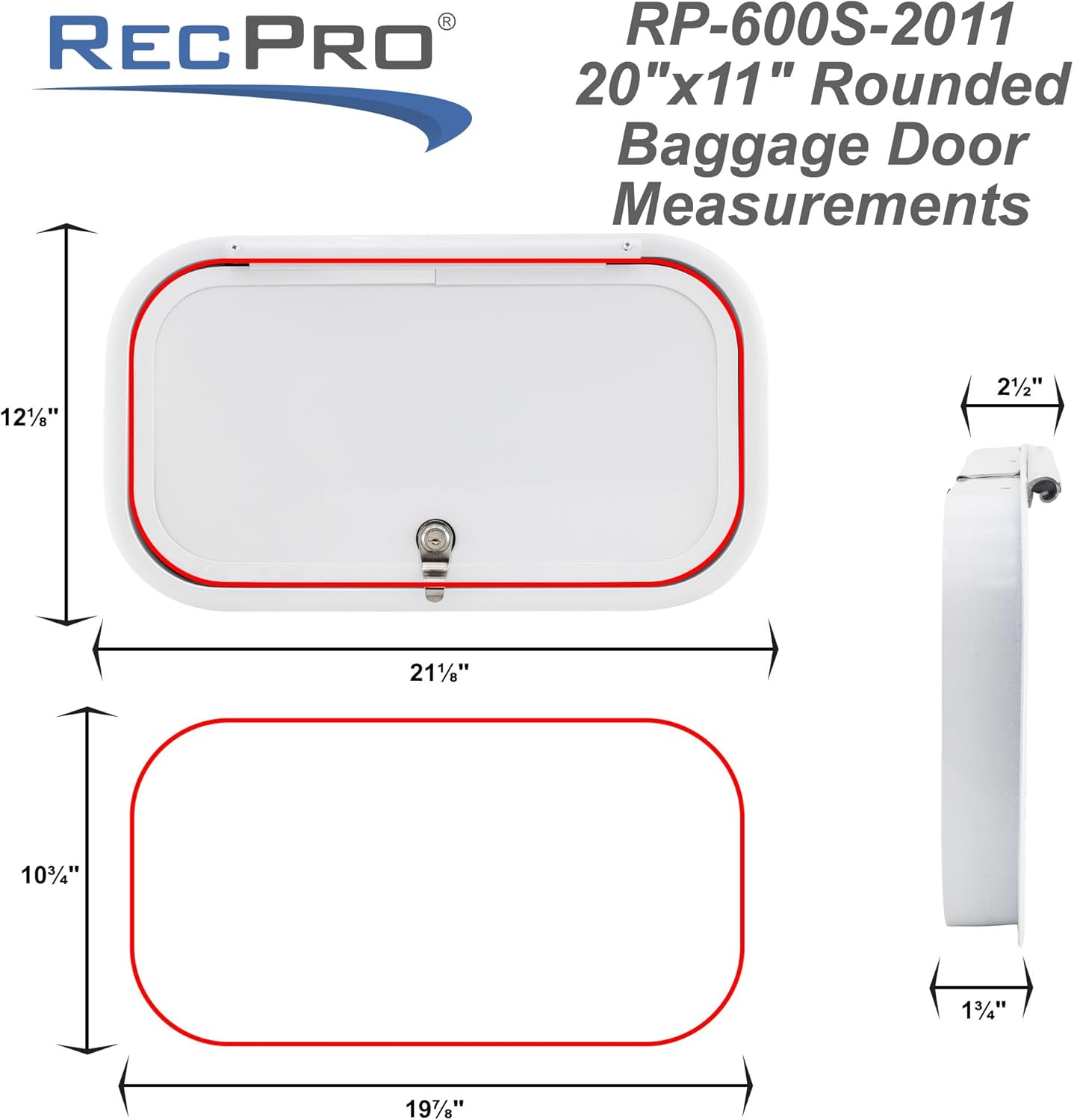RecPro RV Baggage Compartment Door | 20" W x 11" H | Fiberglass | Rounded Corners | Weather-Tight Seal | Made in America (White)