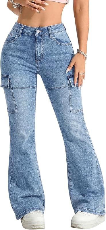 Women's High Waisted Flare Jeans Stretch Bell Bottom Denim Pants Y2K Streetwear Trousers with Flap Pocket