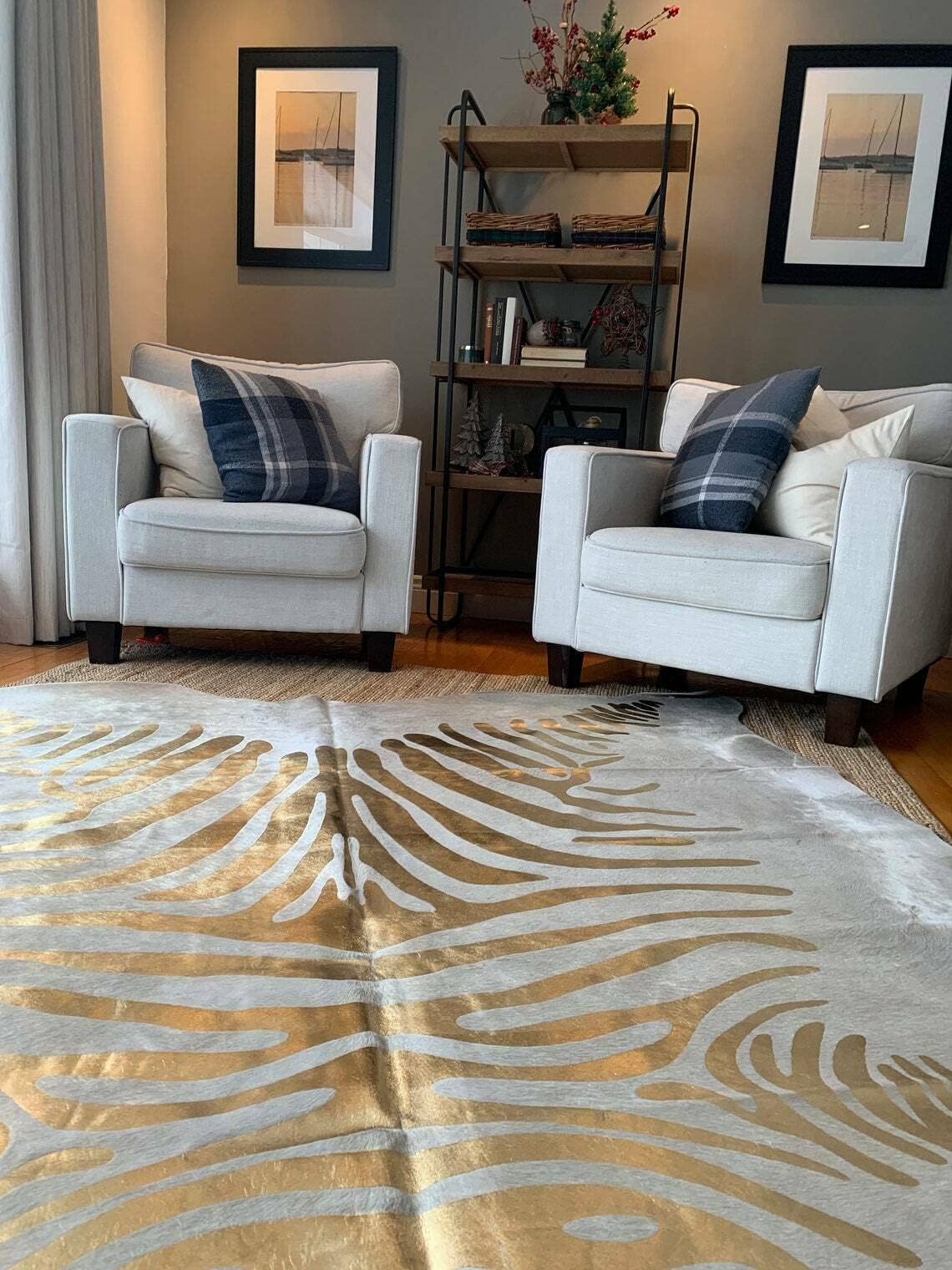 Metallic Zebra Cowhide Rug - Average Size: 8 x 7 FT (Metallic Gold)