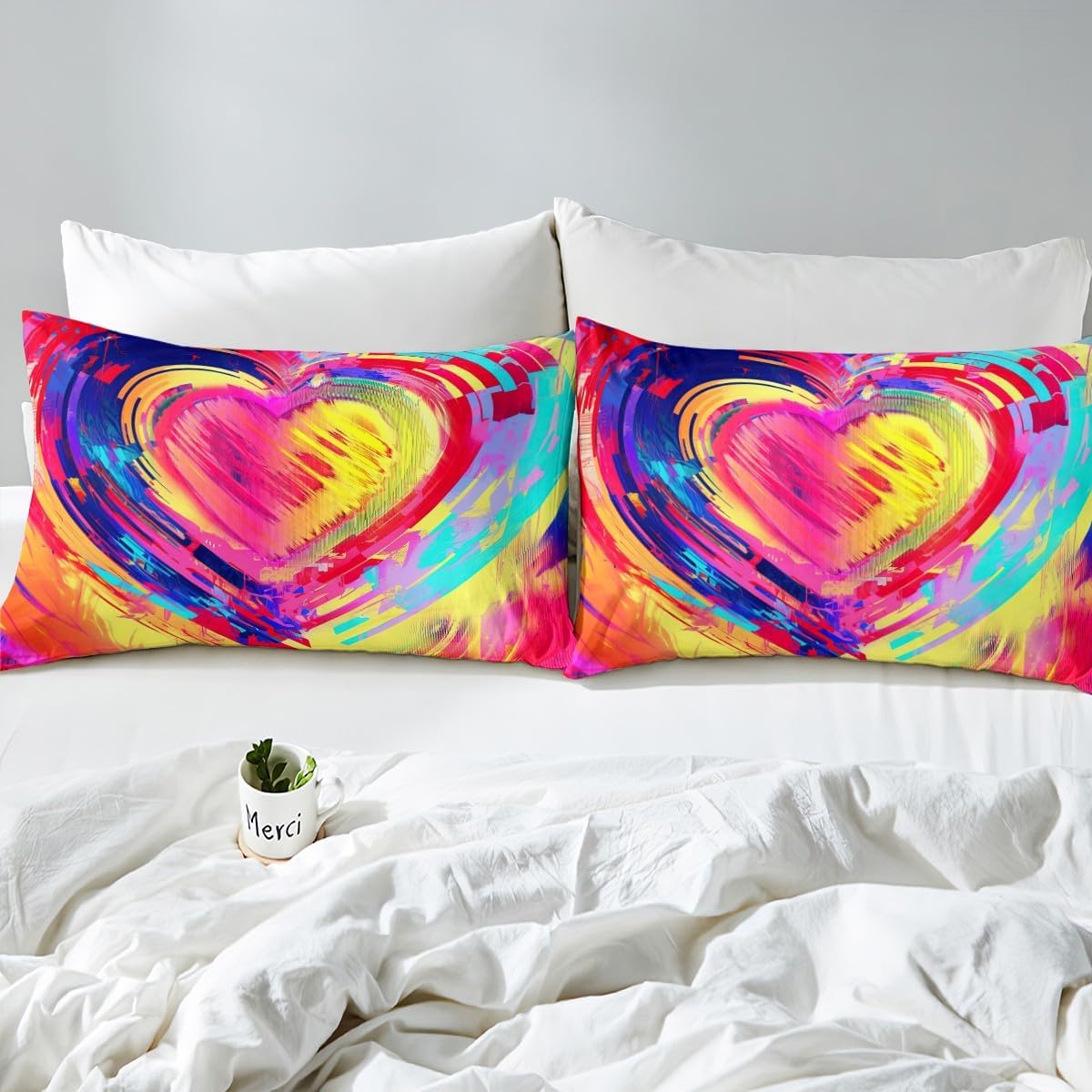 Erosebridal Gradient Tie Dye Fitted Sheet Loving Heart Bedding Sets Twin Size for Child Kids Lady, Rainbow Bed Sheet Watercolor Artwork Bed Cover Colored Bedroom Decor Wedding Festival Party Decor image 4