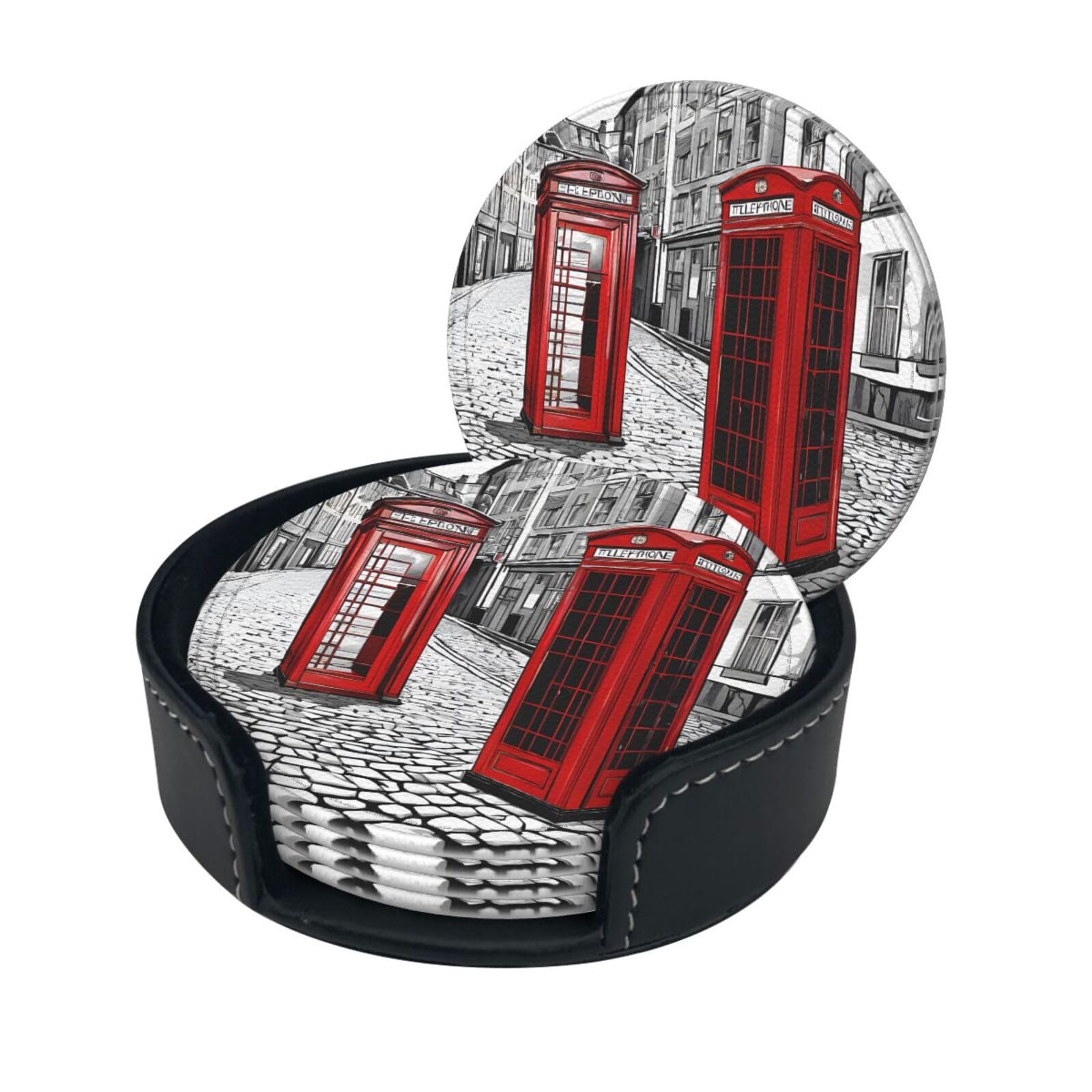(London Red Telephone Booth) Round Drink Coasters Set of 6 with Storage Box Decorative Cup Coasters for Coffee Bar Home Office Decor