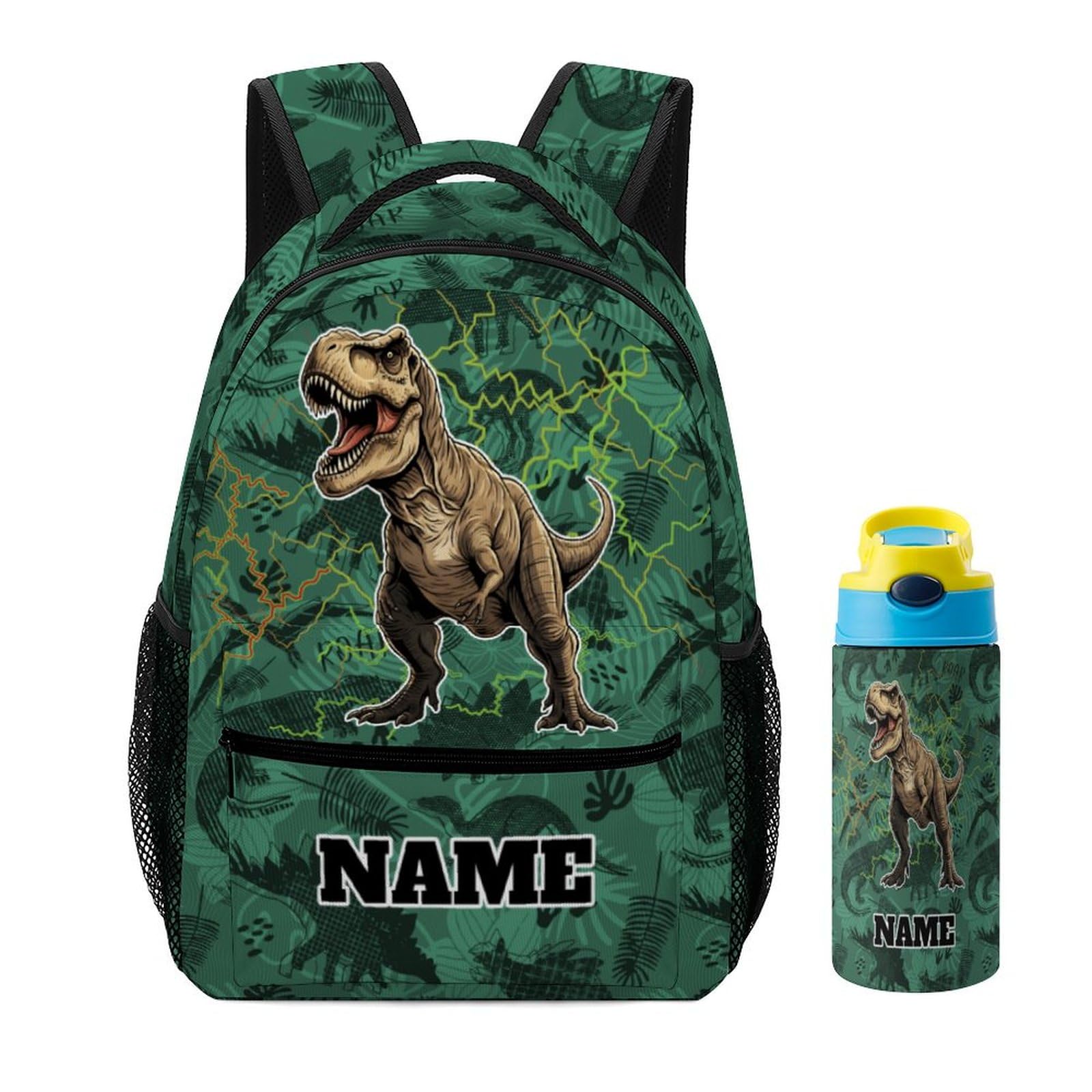 SUQINFA Custom Green Dinosaur T-Rex Backpacks 2 Piece Set Add Your Text Name Personalized Book Bag Water Bottle Customized School Bags for Kids Boys