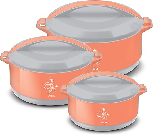 MILTON Divine Jr. Inner Stainless Steel Serving Casserole Gift Set of 3 (430 ml, 830 ml, 1400 ml), PU Insulated Kitchen Ho...
