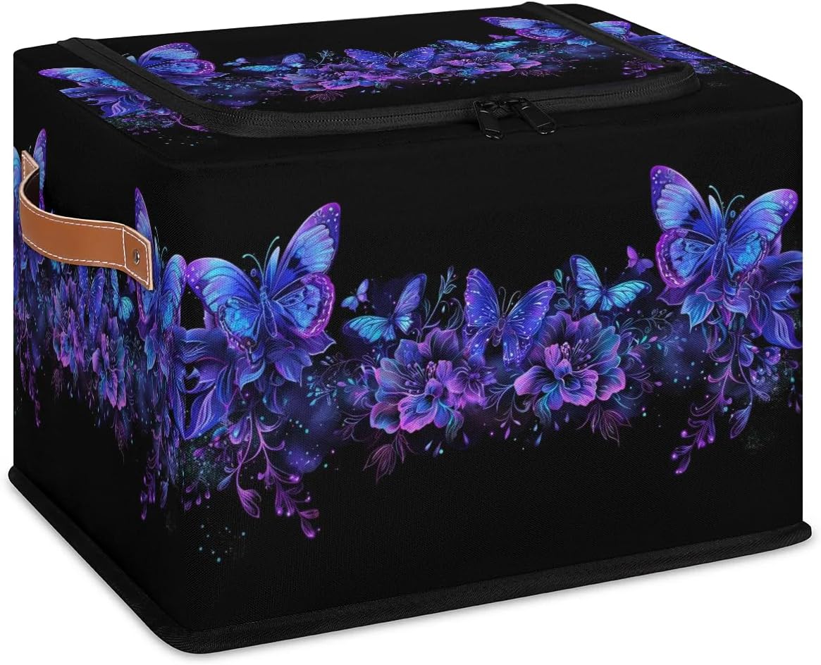 Flowers Butterflies Storage Box with Lid and Handles Foldable Cloth Storage Basket Bin Bags for Shelves Closet Shelf Toys Clothes Bed Sheets Organizer 2 Pack