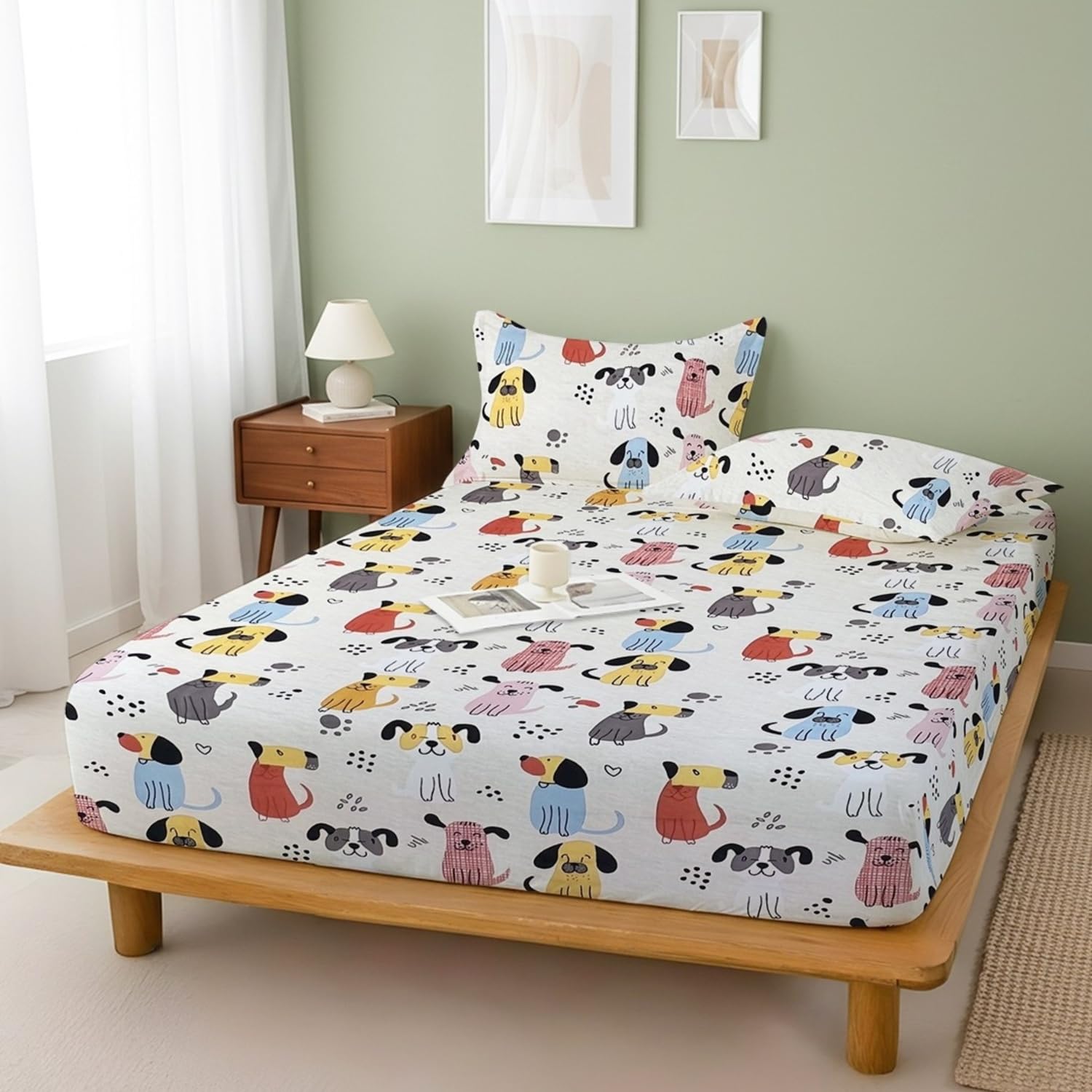 Super Soft Super Comfortable Pure Cotton Feel Puppy Pop 300 TC 78x72x8 inches Kids King Size All Round Elastic Bedsheet with Two Pillow Covers-image-24