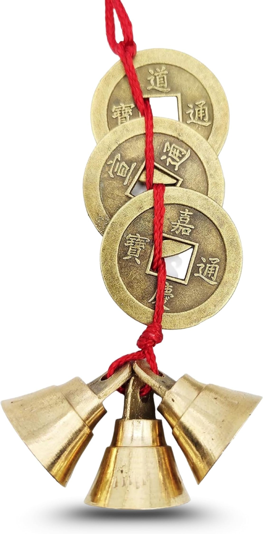 Plus Value Fengshui Vastu Lucky Brass Hanging 3 Bell Three Chinese Coins Main Entrance Door Hanging for Home & Office Decor, Attract Wealth, Prosperity Spiritual Gifting, Cute Miniature Decor