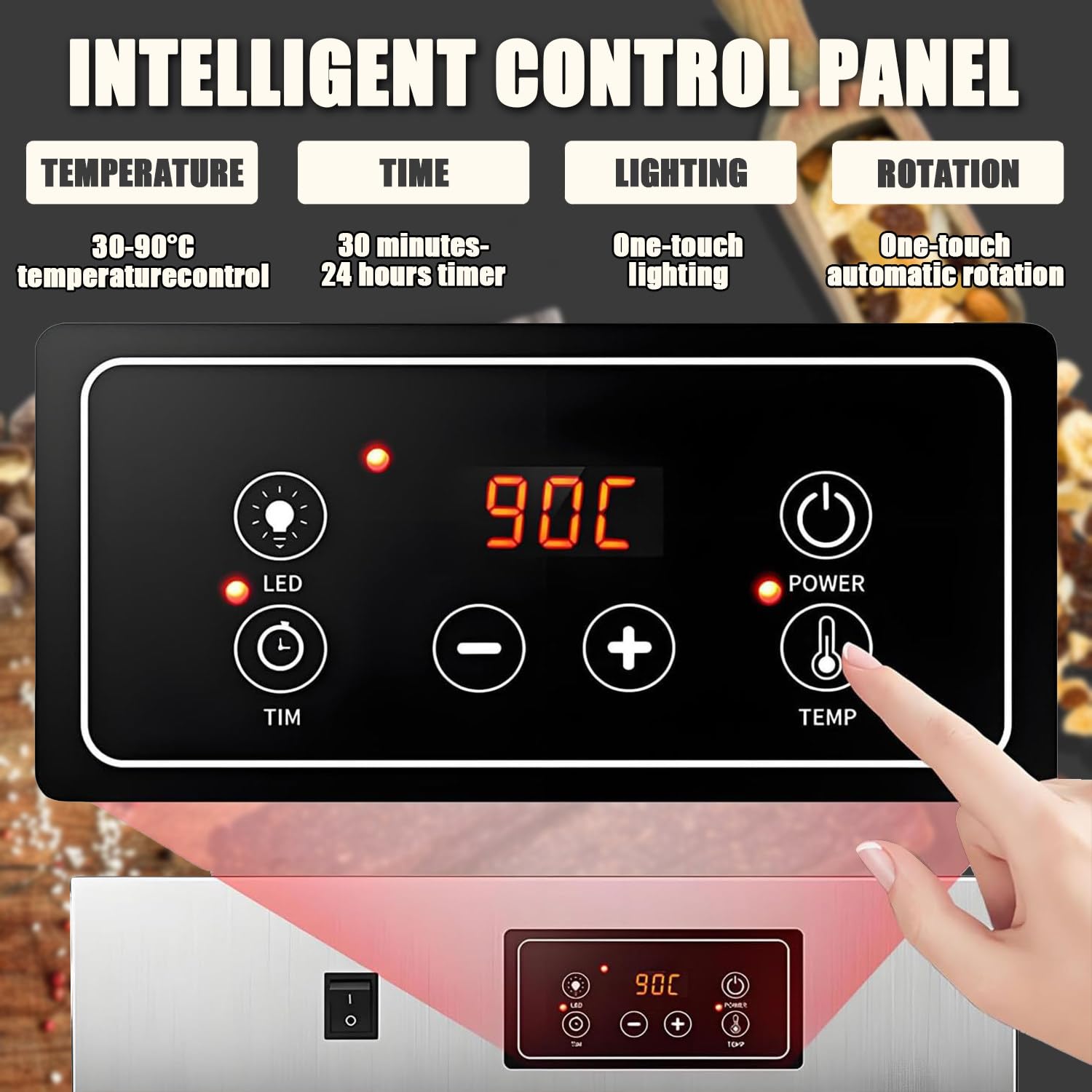 800-W-Fleischtrockner, 360°-Fleischreifeschrank, Temperaturregelung Von 0–90 °c, Mit LED-Bedienfeld Und 14 Haken, 7,5 Kg Fassungsvermögen, 24-Stunden-Timer, Für Trockenfleisch, Speck, Würstchen