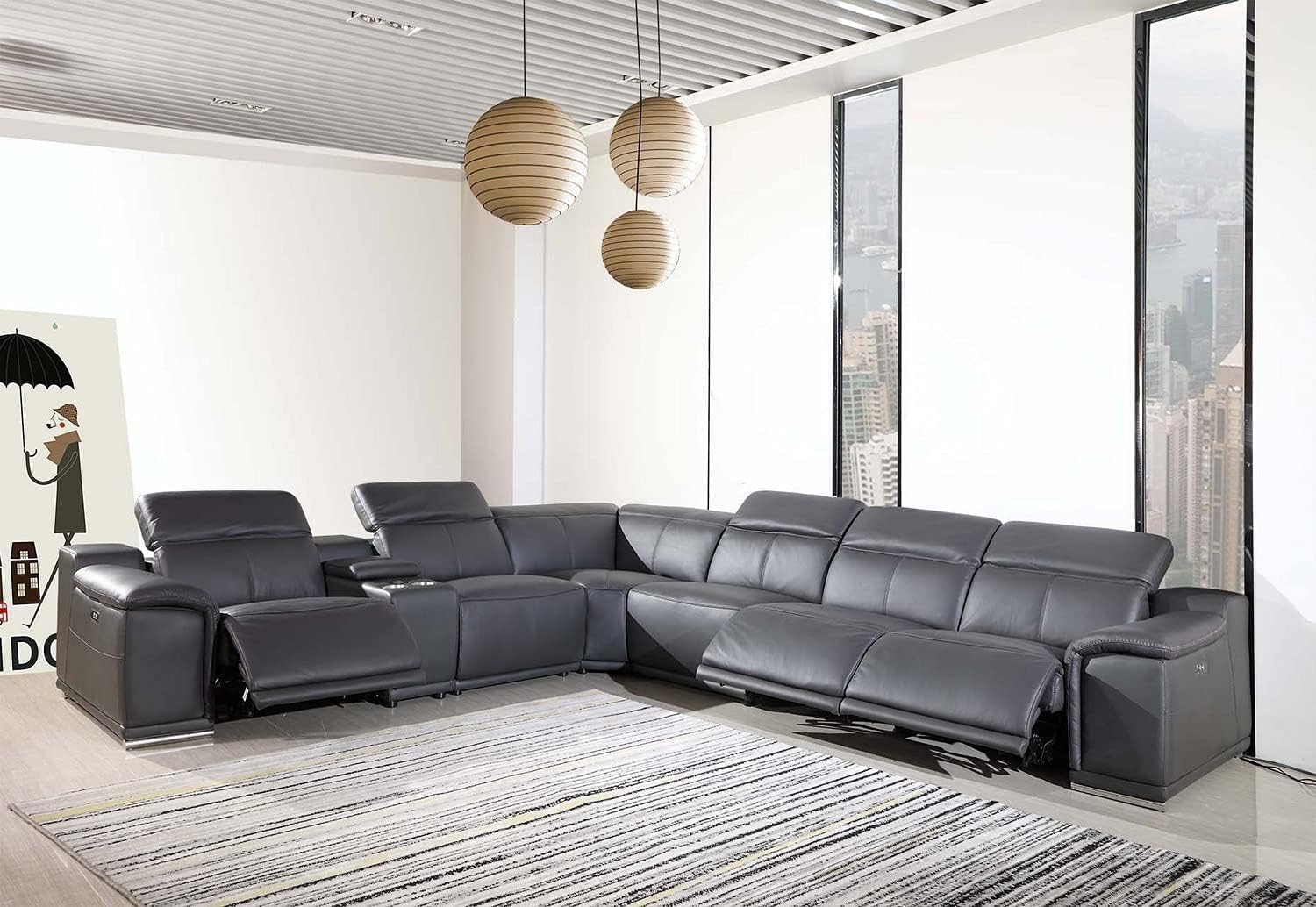 Blackjack Furniture Venice 7 Piece Top Grain Italian Leather Sectional Sofa with 3-Power Recliners, Adjustable Headrest, Lumbar Support, USB &amp; Wireless Charger, Large Storage, 1 Console, Dark Grey
