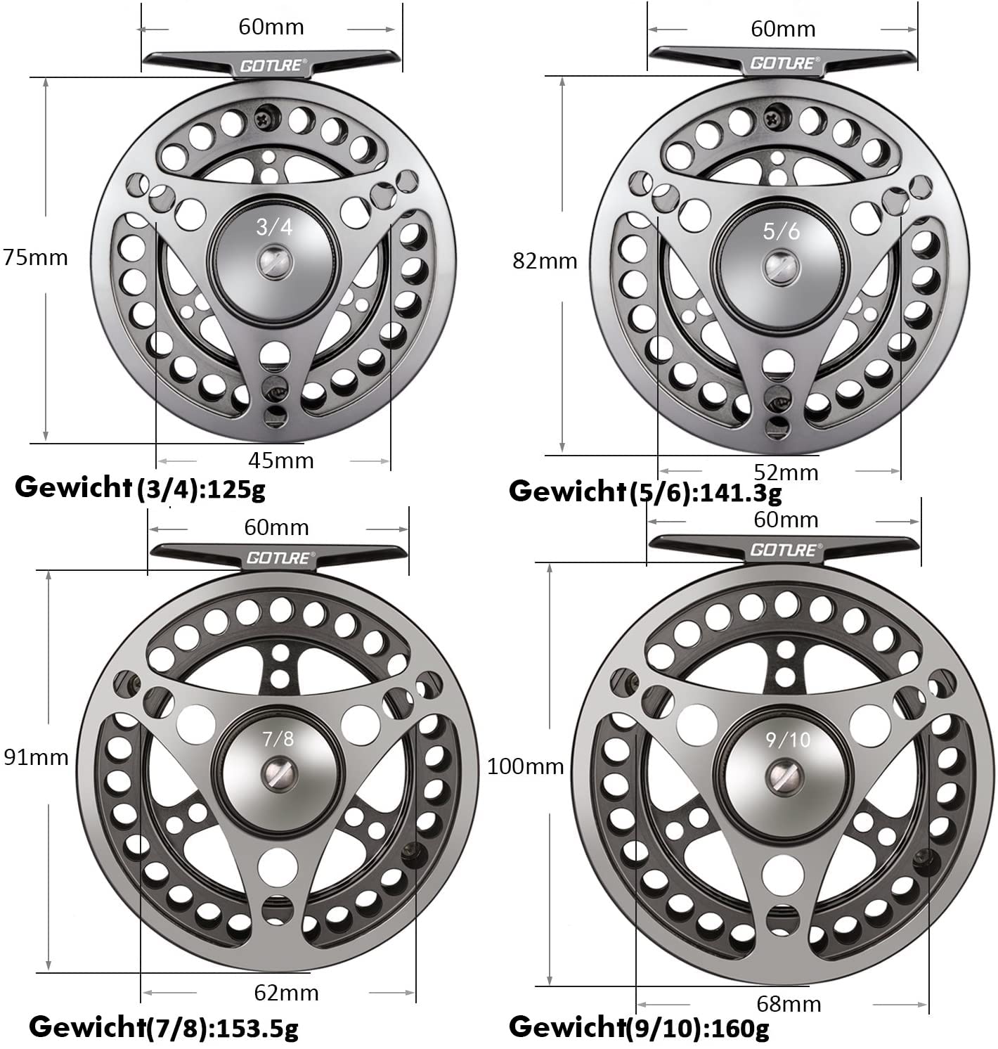 Goture Fliegenfischerrolle 3/4 5/6 7/8 9/10 Angelrollen, Fliegenfischen Rollen wasserdicht,Große Bohrung Druckguss Fliegenrolle 2 + 1BB Aluminiumlegierung Pre-Loaded Forellen Fliegenrollen
