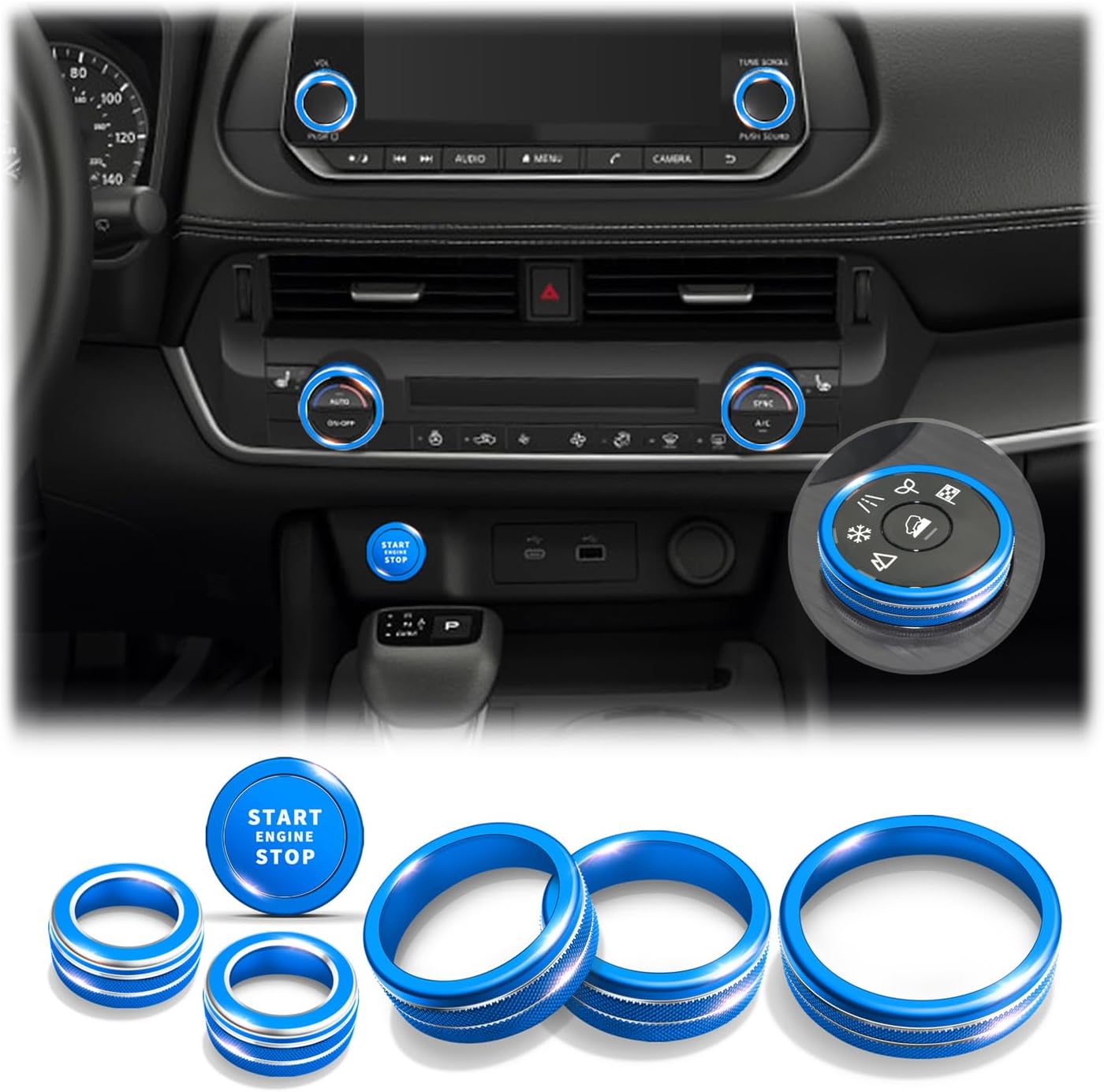 Polodunn for 2021 2022 2023 2024 2025 2026 Nissan Rogue Accessories with 8" Screen, 7pcs Aluminum Alloy Trim Set - A/C, Volume Tune & 4WD Knob Cover, Push Start Button Cover/Ring (Blue)