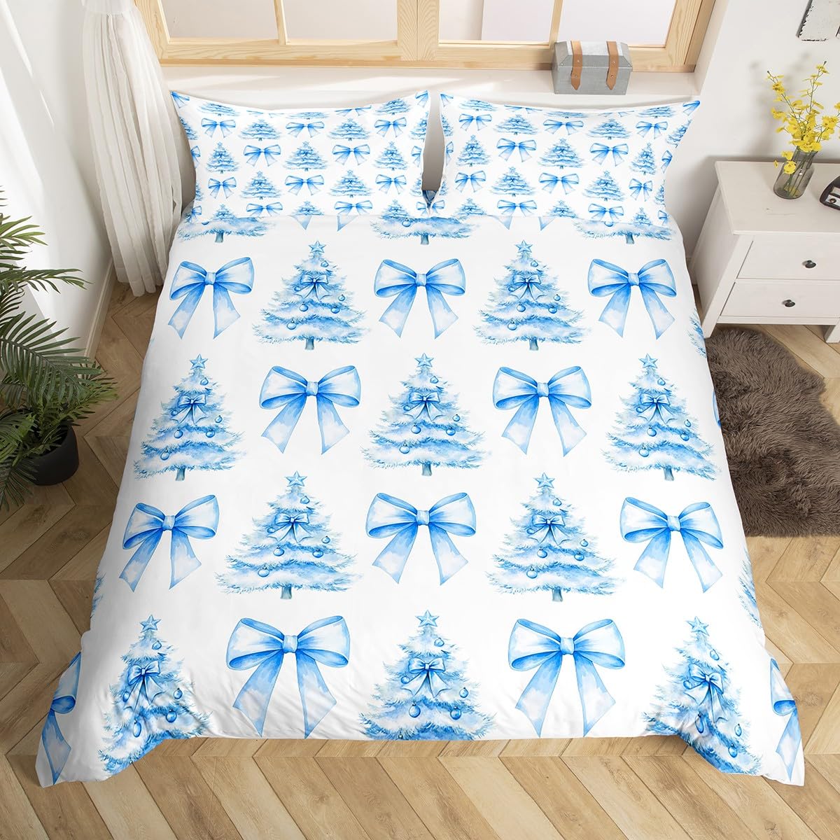 Christmas Trees Kids Duvet Cover Set Super King Size,Bowknot Pines Bow Tie Patchwork Xmas Bedding Set for Girls Women,Bow Knot Merry Christmas Blue Dreamy Quilt Cover,2 Pillowcases(No Comforter) โ image 1