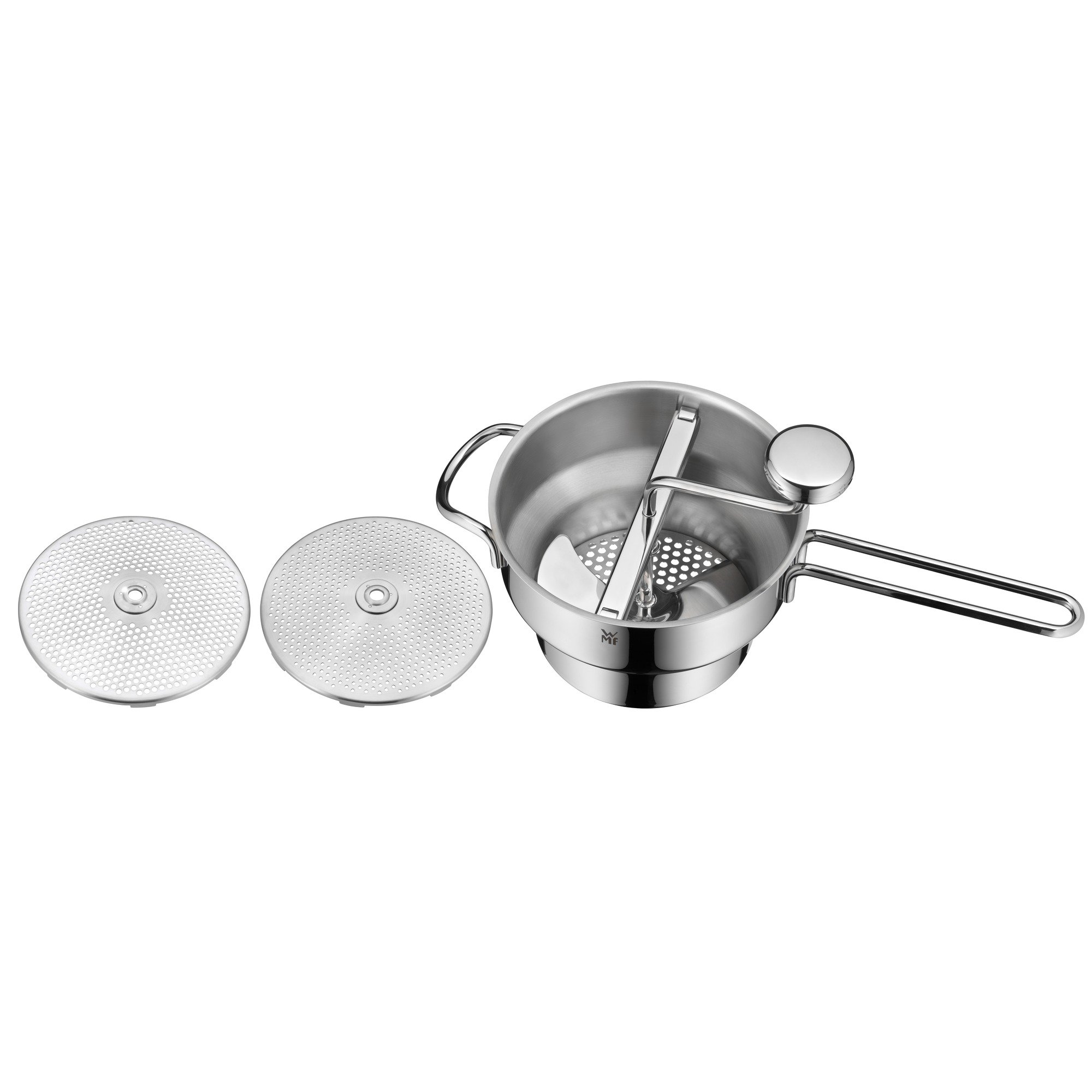 WMF Gourmet Passiermühle mit 3 Lochscheiben, 19 x 11,5 cm, Cromargan Edelstahl poliert, Passiergerät für Obst und Gemüse, zerlegbar