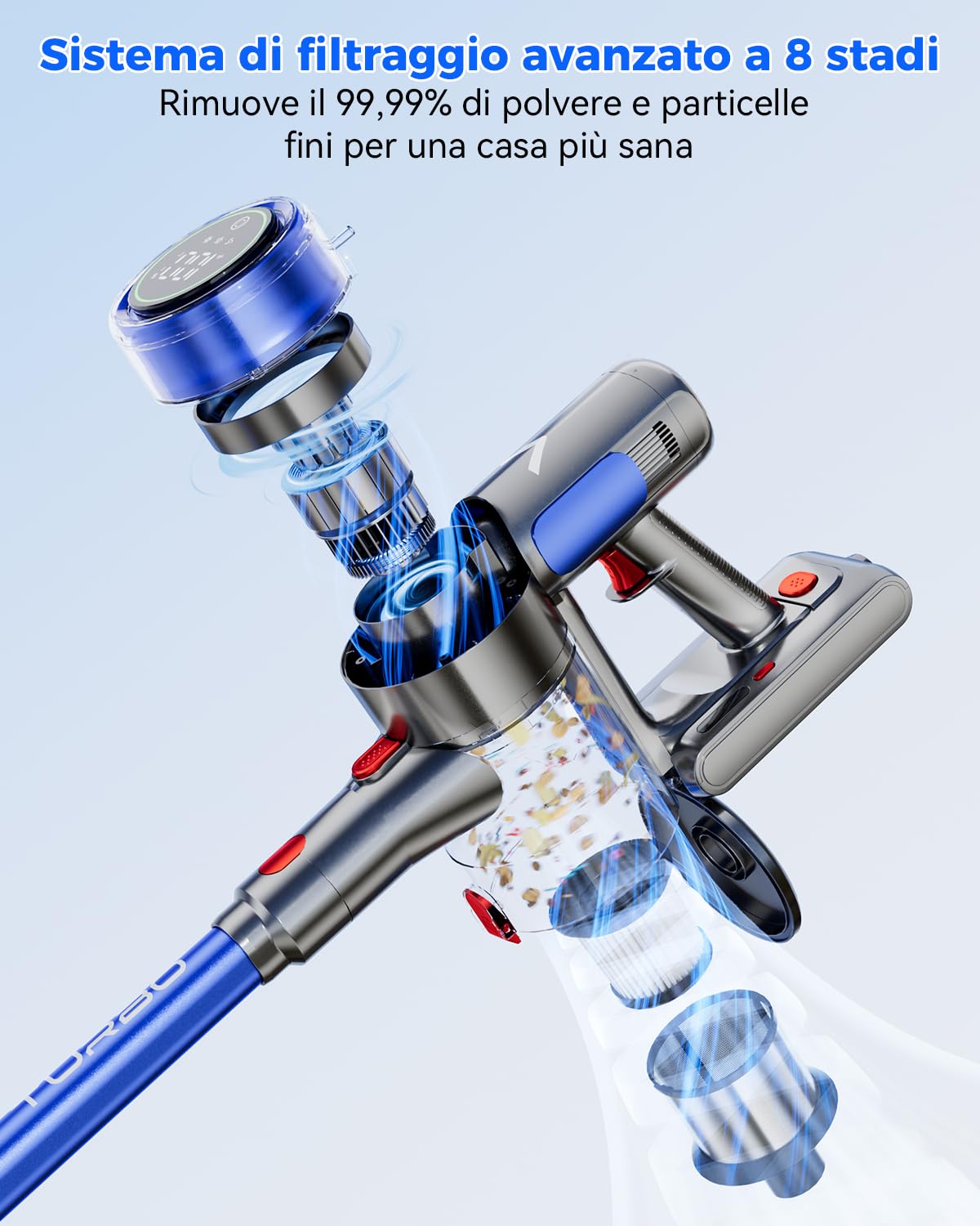 aonus A10 Aspirapolvere Senza Fili, 55 kPa 500W, 70 Minuti di Autonomia, Schermo Tattile, Leggero, Antigroviglio, Autoportante, per Peli di Animali, Tappeti e Pavimenti Duri, Blu