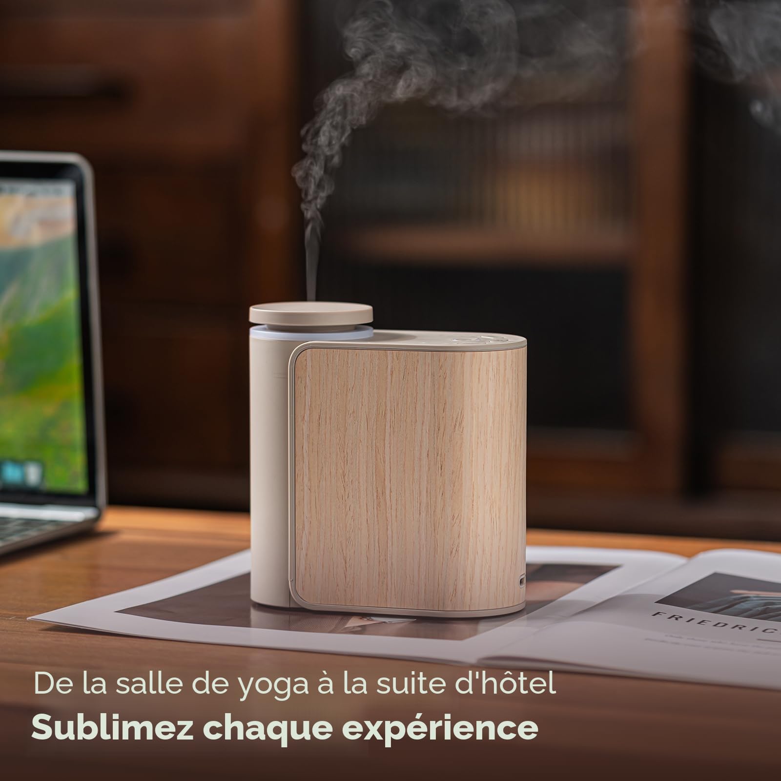 Diffuseur d'huiles essentielles sans eau avec couvercle en bois massif, 3 minuteries, 2 modes de brume, double diffuseur d'arômes liquides silencieux, diffuseur de parfum portable sans eau