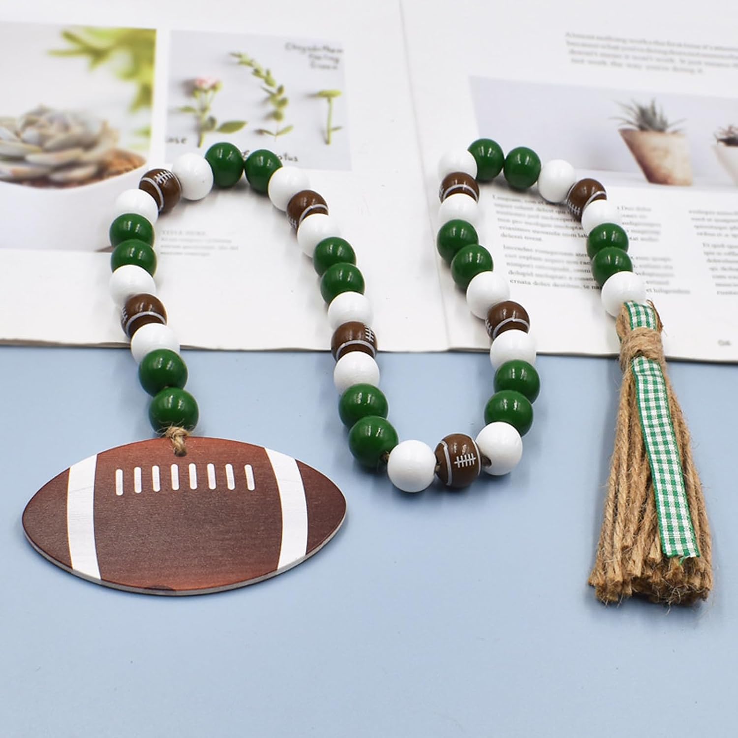 Football Wood Bead Garland with Tassel, Sports Party Décor Home Tiered Tray Decoration Jute Rope Plaid Tassel Rustic Beads for Home Farmhouse Office Classroom Wall Mantle Shelf, Football Tag