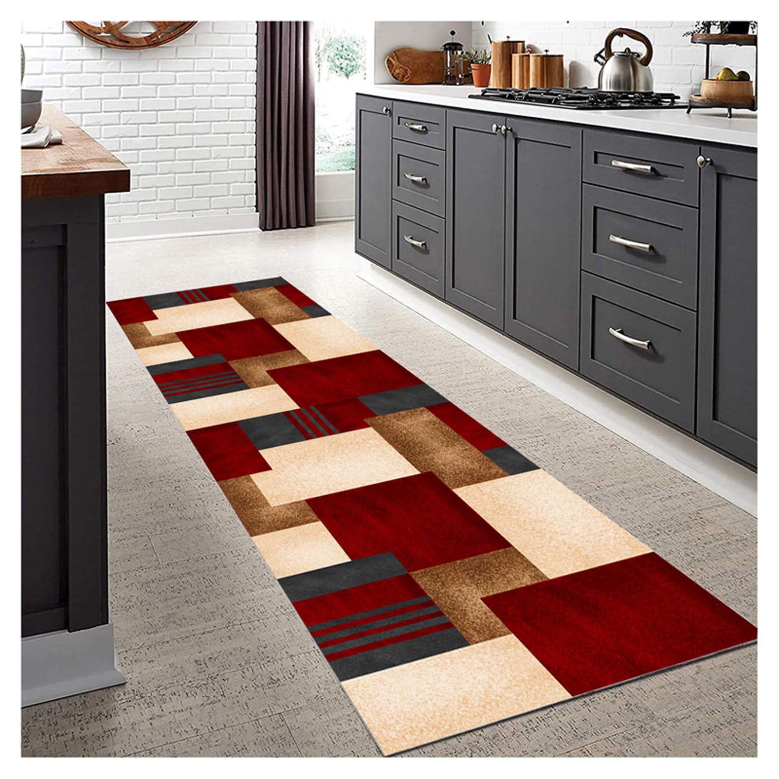 Tappeto Passatoia per Cucina e Corridoio 50x350cm in Borgogna Beige - Tappeto Antiscivolo Lavabile Moderno a Pelo Corto, Design Geometrico per Soggiorno, Lavanderia, Entrata e Camera da Letto