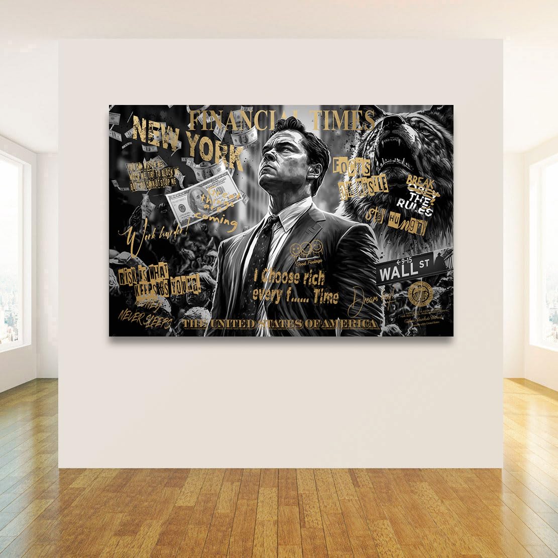 Kunstgestalten24 | Leonardo Wolf of Wallstreet Pop Art Wandbild | Leinwand-Bild mit Echtholz-Keilrahmen | Gemälde Kunst Art | Hochwertige Kunstdrucke | XXL Bilder | 120x80cm mit 4cm Rahmentiefe