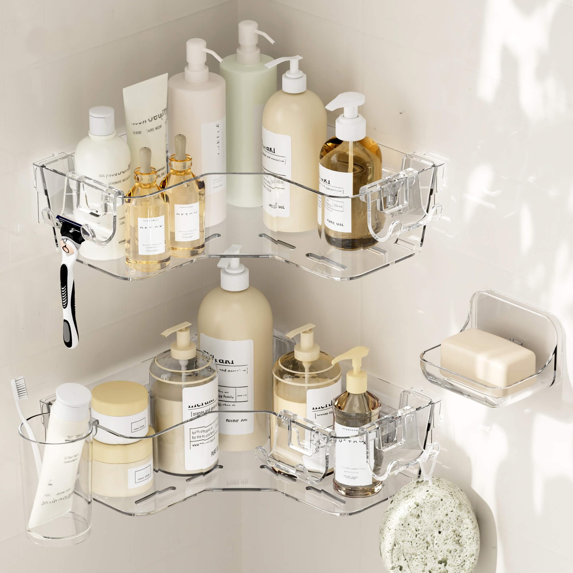 UDD Corner Shower Caddy Clear Shower Organizer Bathroom Storage Rack with Soap Dish Hook and Hanging Cup Adhesive