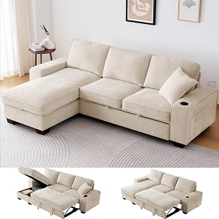 ASHOMELI 99" L-Shaped Convertible Sleeper Sofa Bed with Storage Chaise, Pull-Out Couch, USB/Type-C, Washable Chenille Covers (Beige)