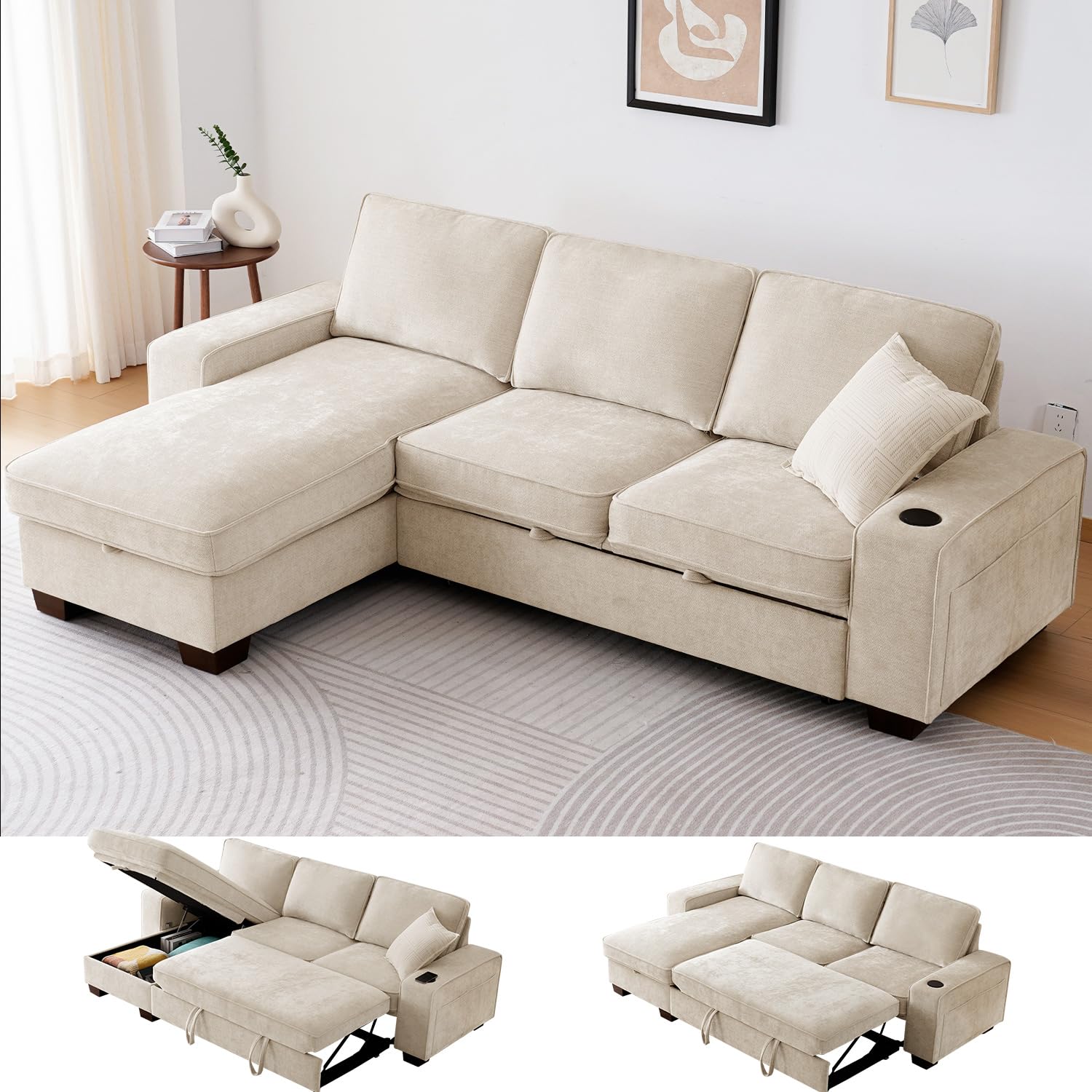 99" Convertible Sleeper Sofa Bed,L Shaped with Storage Chaise Pull Out Couch for Living Room,USB and Type-C,Removable Washable Chenille Covers (Chaise only)