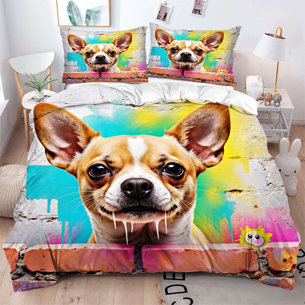 Housse de couette 160x200 chien imprimé 3D pour chambre enfant adulte
