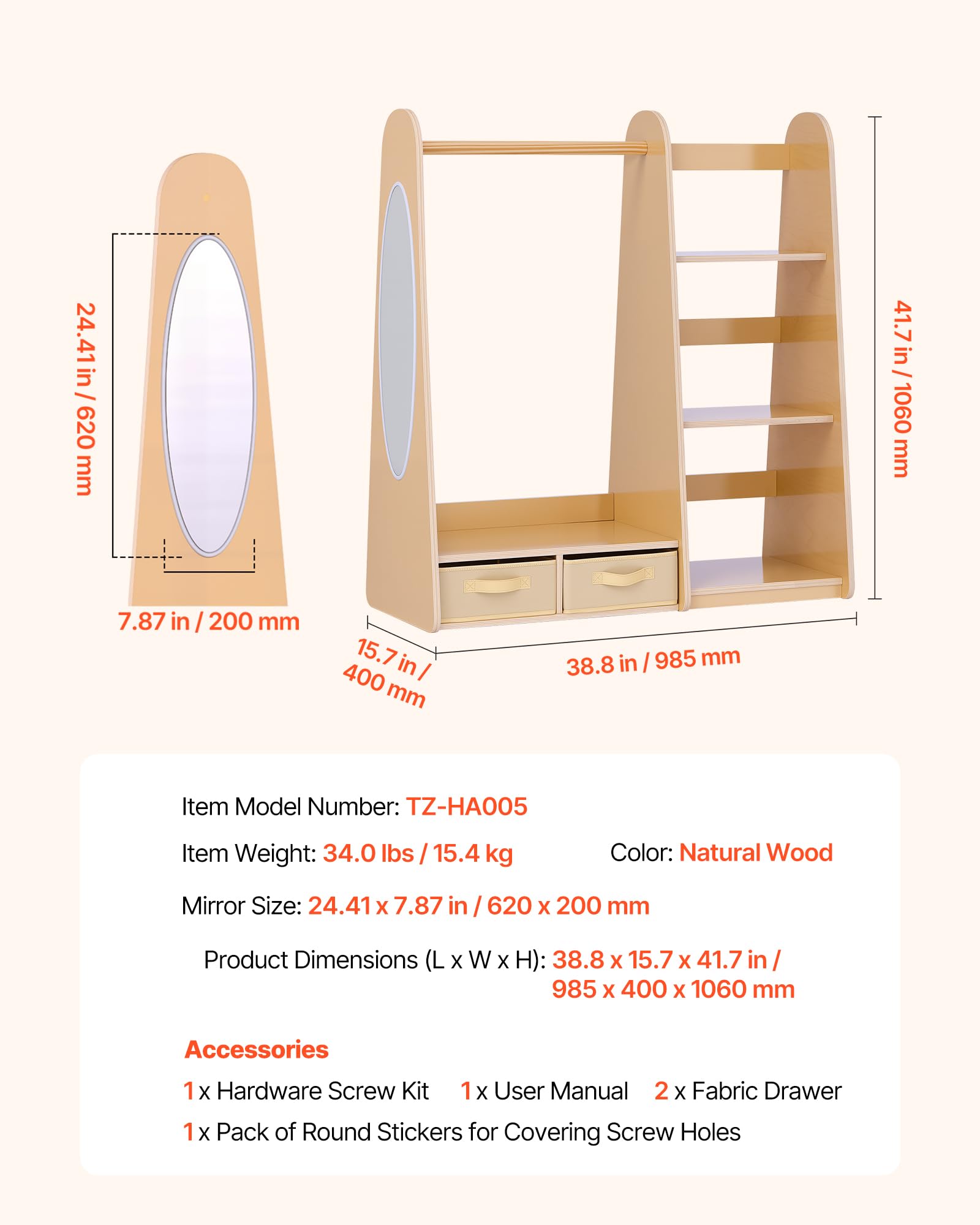 VEVOR Armario de Disfraces para Niños con Espejo, Mueble Montessori de Madera Natural, Perchero Infantil con Estantes, Organizador de Ropa con Compartimentos y Barra para Cuarto de Juegos y Dormitorio