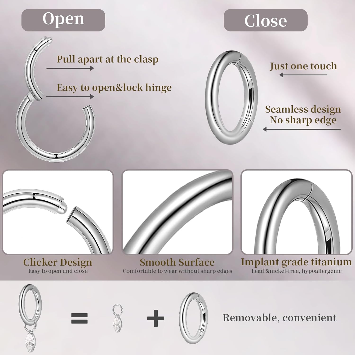 Limerencia G23 Titanium Hoops Rook Piercing Jewelry 6mm 8mm 16G 18G Implant Grade Titanium Dangle Huggie Rook Earrings Cartilage/Conch/Daith/Helix Piercing Stacking Rings for Women Men Sensitive Ears - Image 5