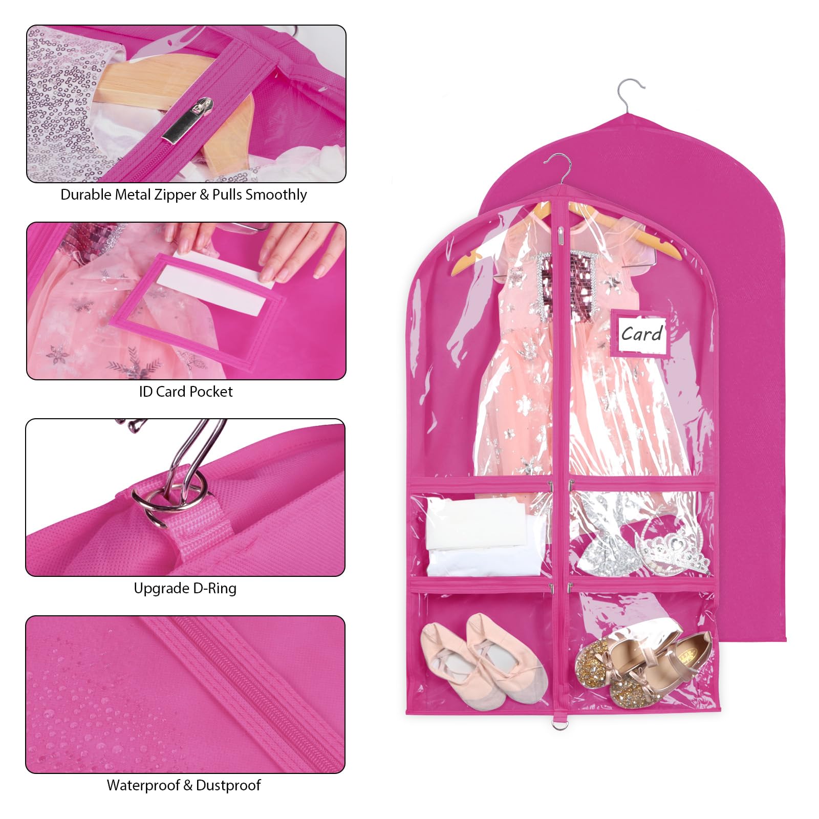 Syeeiex Kleidersack für Tanzkostüme, 7,6 cm, 5 Stück, 101,6 cm, Tanzkleiderbeutel für Tänzer mit 4 Reißverschlusstaschen, für 1–3 Tanzkostüme – geeignet für Tanzwettbewerbe, Ballett (Rosarot)