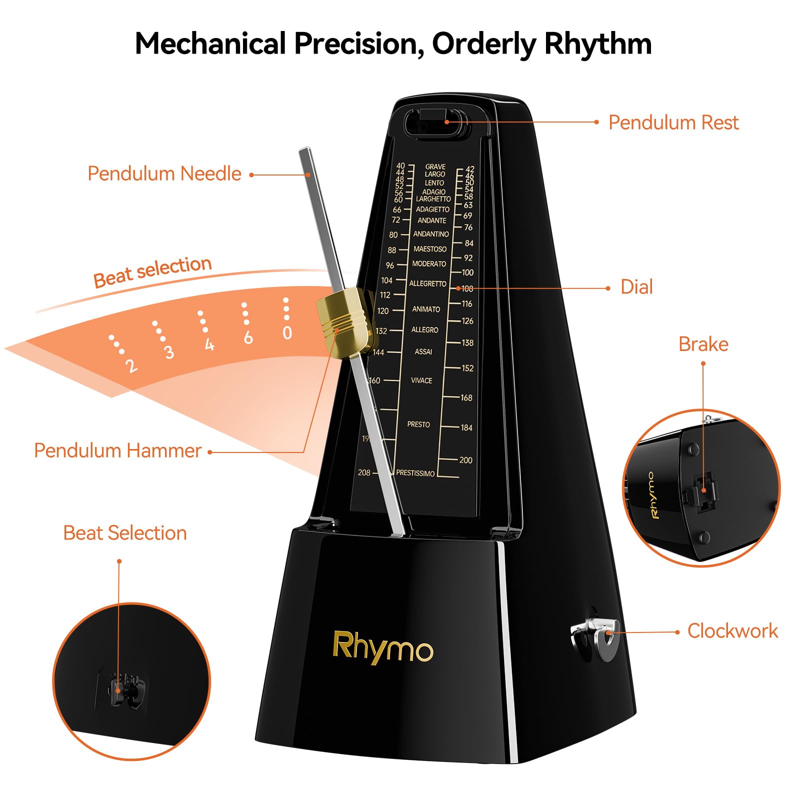 Rhymo Metronom mechaniczny, 7 trybów rytmu, wysoka dokładność, metronomy do fortepianu, gitary, skrzypiec, perkusji, czarny