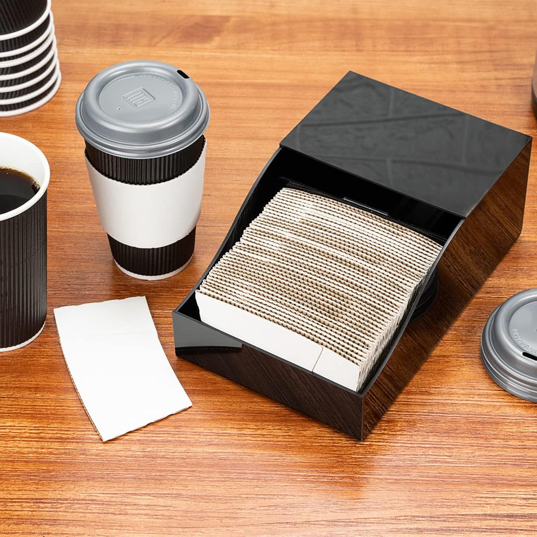 Restaurantware-9.6 x 5.9 x 3.8 Inch Coffee Cup Sleeve Dispenser, 1 Horizontal Coffee Sleeve Holder - Spring-Loaded Design, Holds Up To 50 Sleeves, Black Acrylic Organizer, Durable