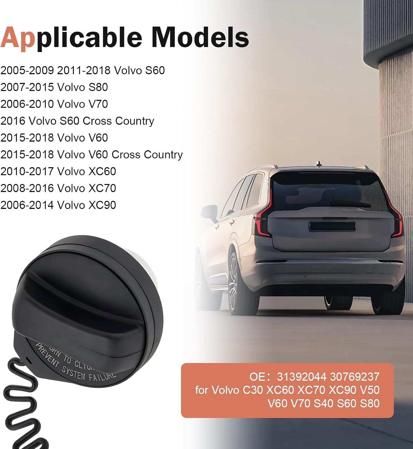 Fuel Tank Cap, Leak Prevention Fuel Cap Replacement for OEM #31392044 30769237, Compatible with Volvo C30 XC60 XC70 XC90 V50 V60 V70 S40 S60 S80 (Black)