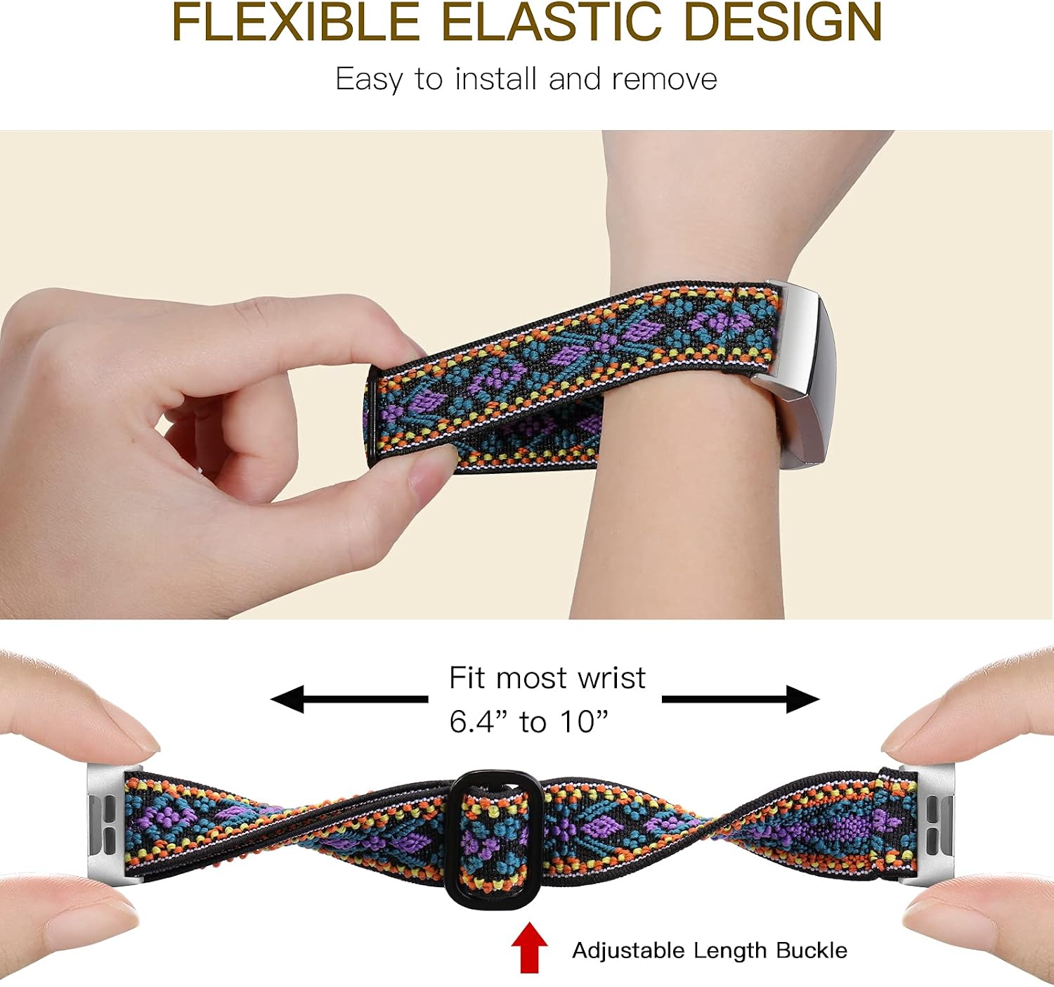 GEAK Compatible for Fitbit Charge 3 Bands/Fitbit Charge 4 Bands for Women, Adjustable Stretch Loop Breathable Nylon Replacement Strap for Fitbit Charge 4/3/3SE Women Men Boho Purple/Embroidery Blue