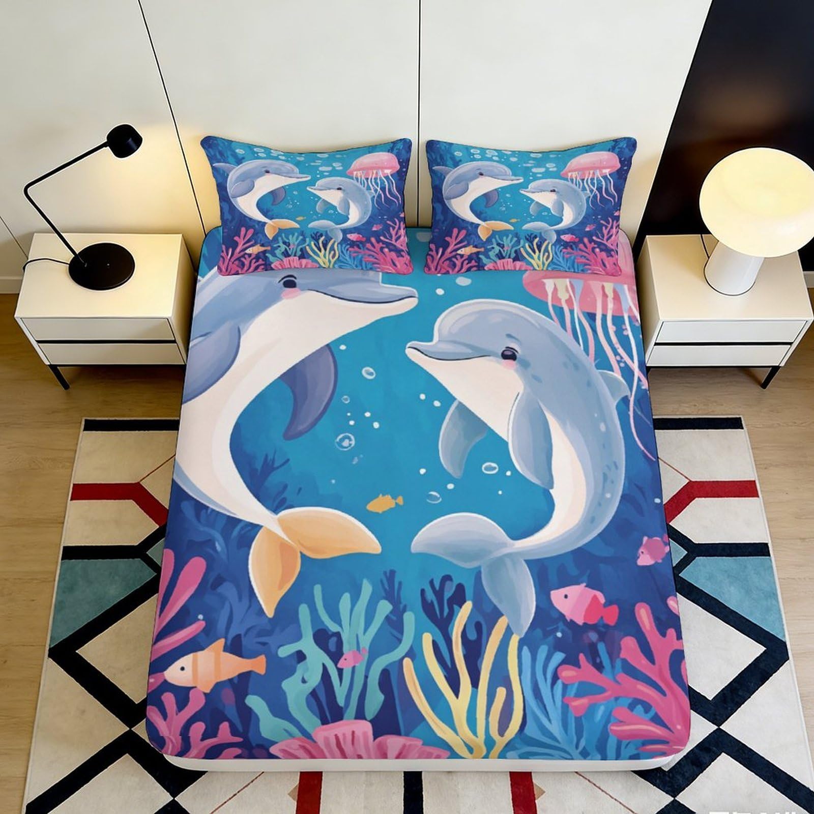 3D Printed Dolphin Ocean Fitted Sheet Microfiber Soft Breathable Jellyfish Bed Cover for Bedroom Dormitory Guest Room Mattress Protection Decor 180x200x25cm