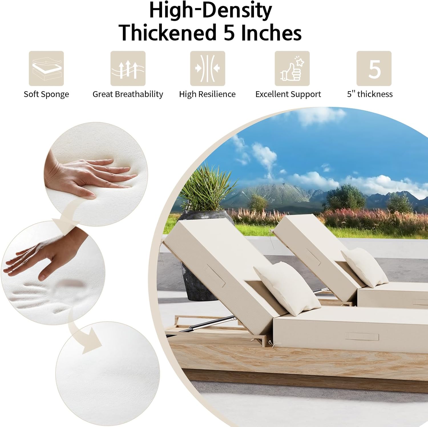 Outdoor Water-Resistant Olefin Chaise Lounge Cushions with Pillow, Weather and Fade Resistant Patio Furniture Lounge Chair Cushion Ideal for Patio, Lawn, Garden, Gray Apricot, 72"L x 21"W x5"T
