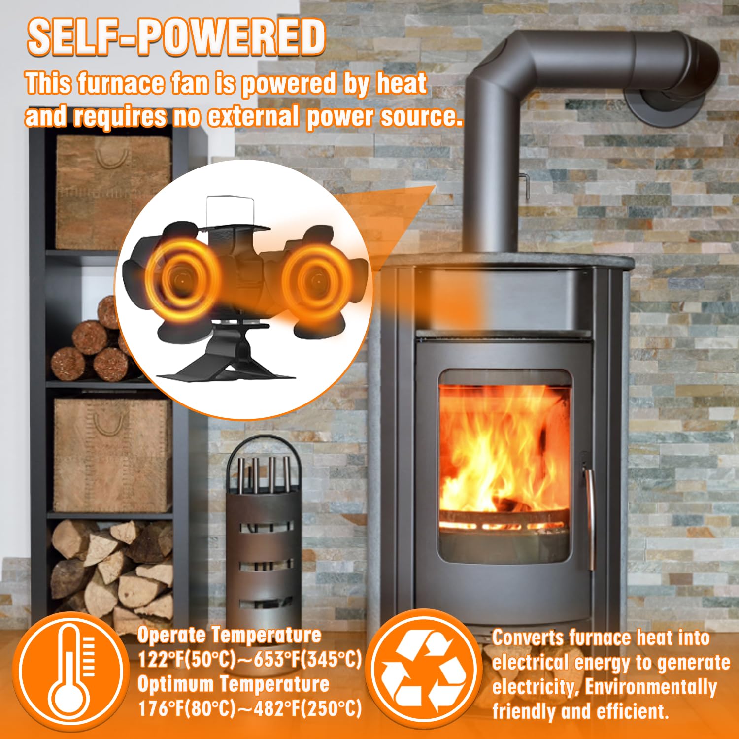 Ventilador Estufa Leña Ventiladores para Chimeneas con 12 Aspas Energía Térmica Circulación de Aire Caliente Funcionamiento Silencioso doble motor Ventilador para chimenea, quemador de leña