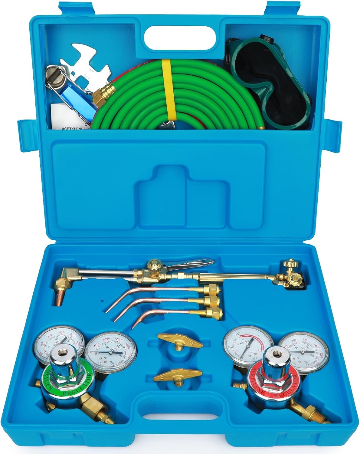 Oxy Acetylene Torch Kit Cutting Torch Kit Welding Gas Portable Oxy Acetylene Torch Kit Long Hose Brass Nozzle with Regulators Oxygen Acetylene Welding Cutting Torch Tool Blue