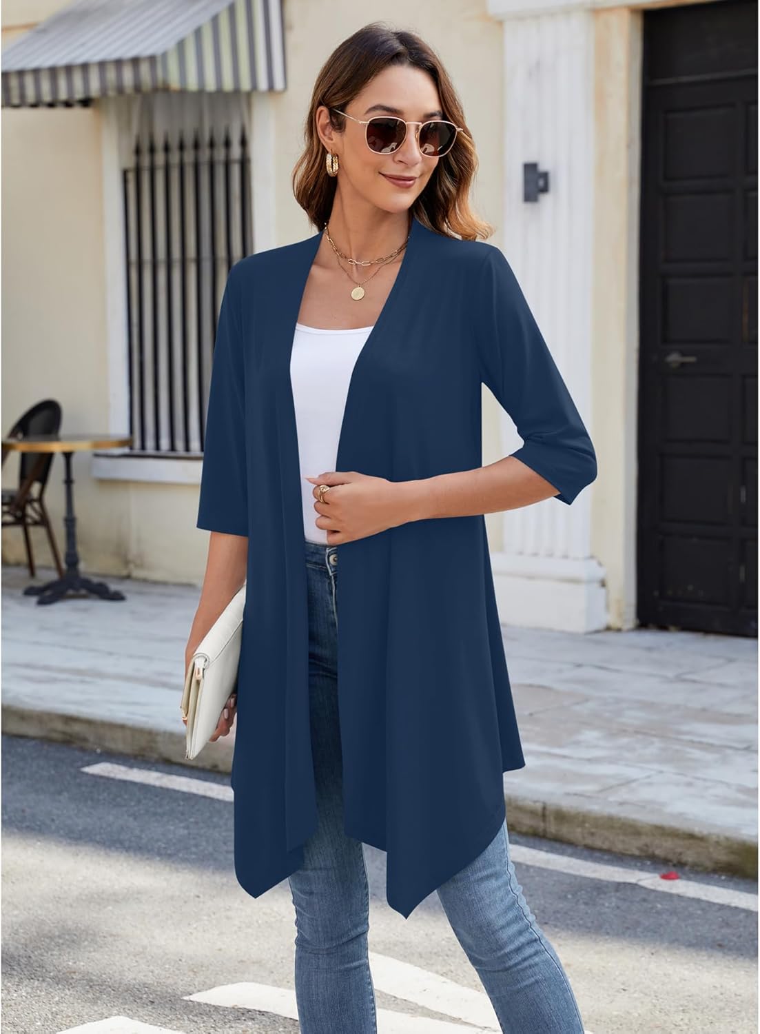 Women's Open Front Cardigan Lightweight Soft Knit 3/4 Sleeve High-Low Draped Hem Loose Casual Duster - Image 2