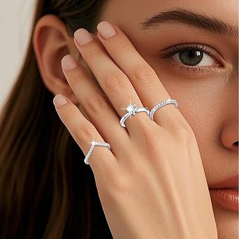 3Pcs Sterling Silver Rings for Women, Adjustable 925 Sterling Silver Rings Women, Stackable Ring with Small Diamond Line, V-Line and 1 Carat Diamond Ring, Elegant Jewellery Gifts for Womens