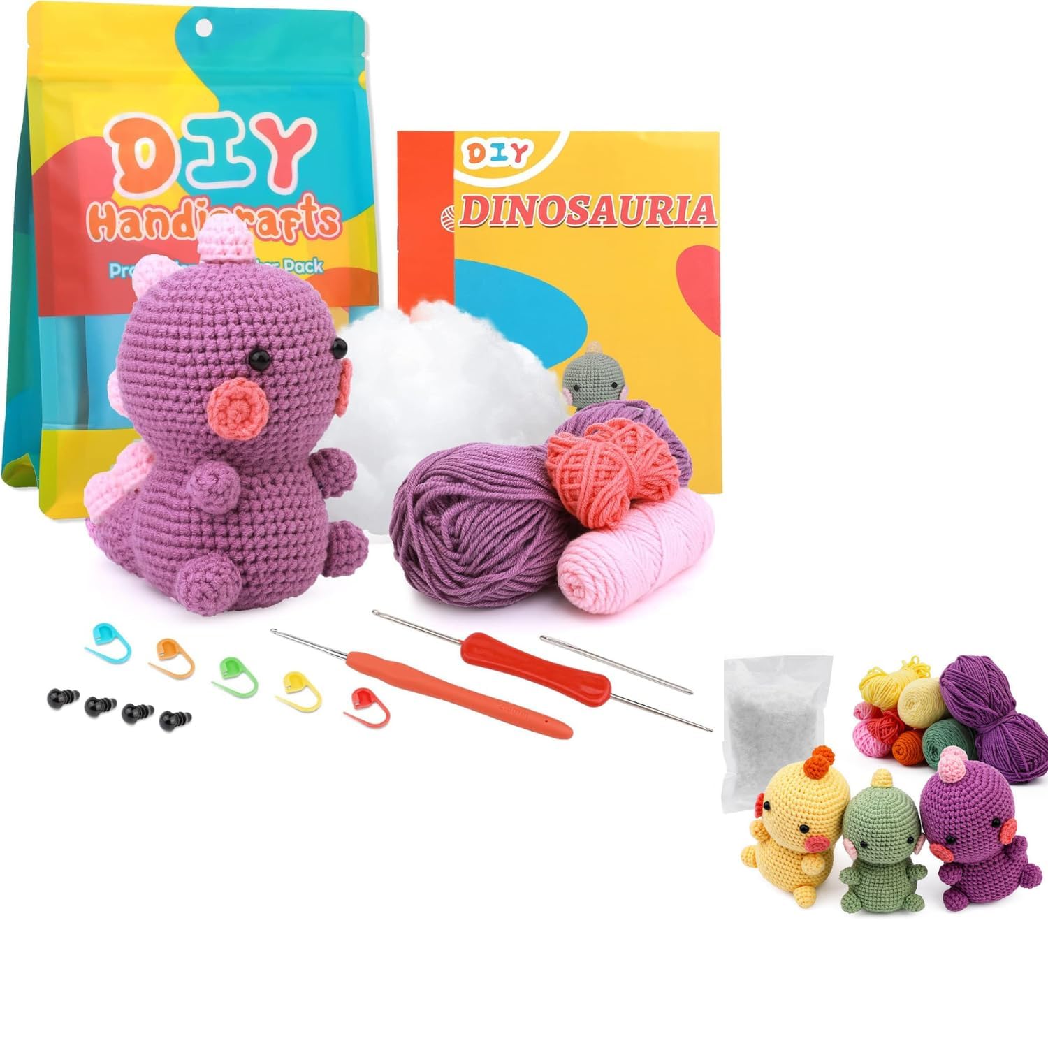 Häkelset für Anfänger, Häkeltier-Set, Strickset mit Garn, Polyesterfaser, Häkelnadeln, Schritt-für-Schritt-Anleitung Video, Häkel-Starter-Kit für Anfänger, Bastelkunst, 2 Muster Häkelset