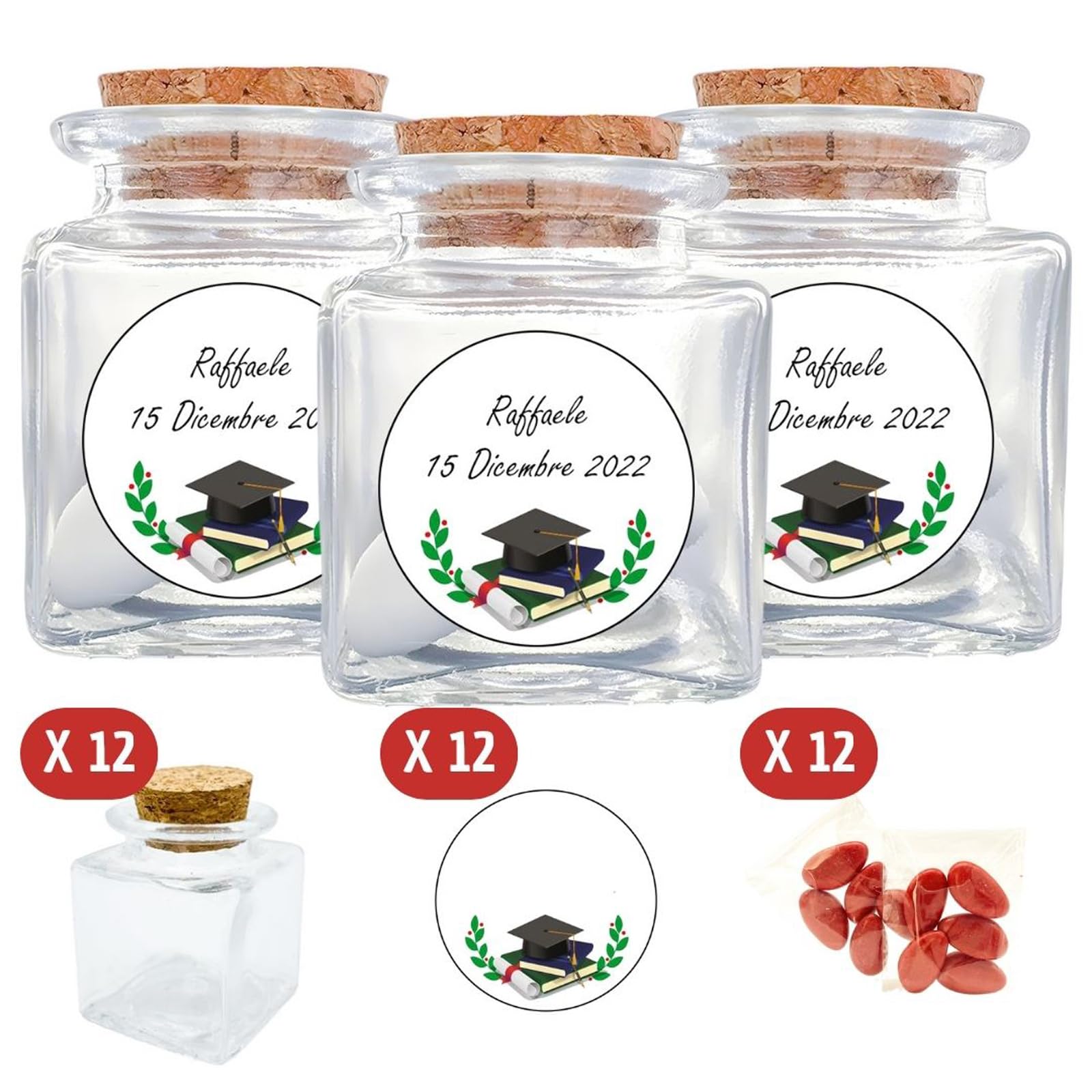 Doni Bomboniere Set Laurea 12PZ Barattolini Vetro 4x4x4 Tappezzati Sughero Adesivi Personalizzabili Bustine Confetti Festa Anniversario Gadget Evento