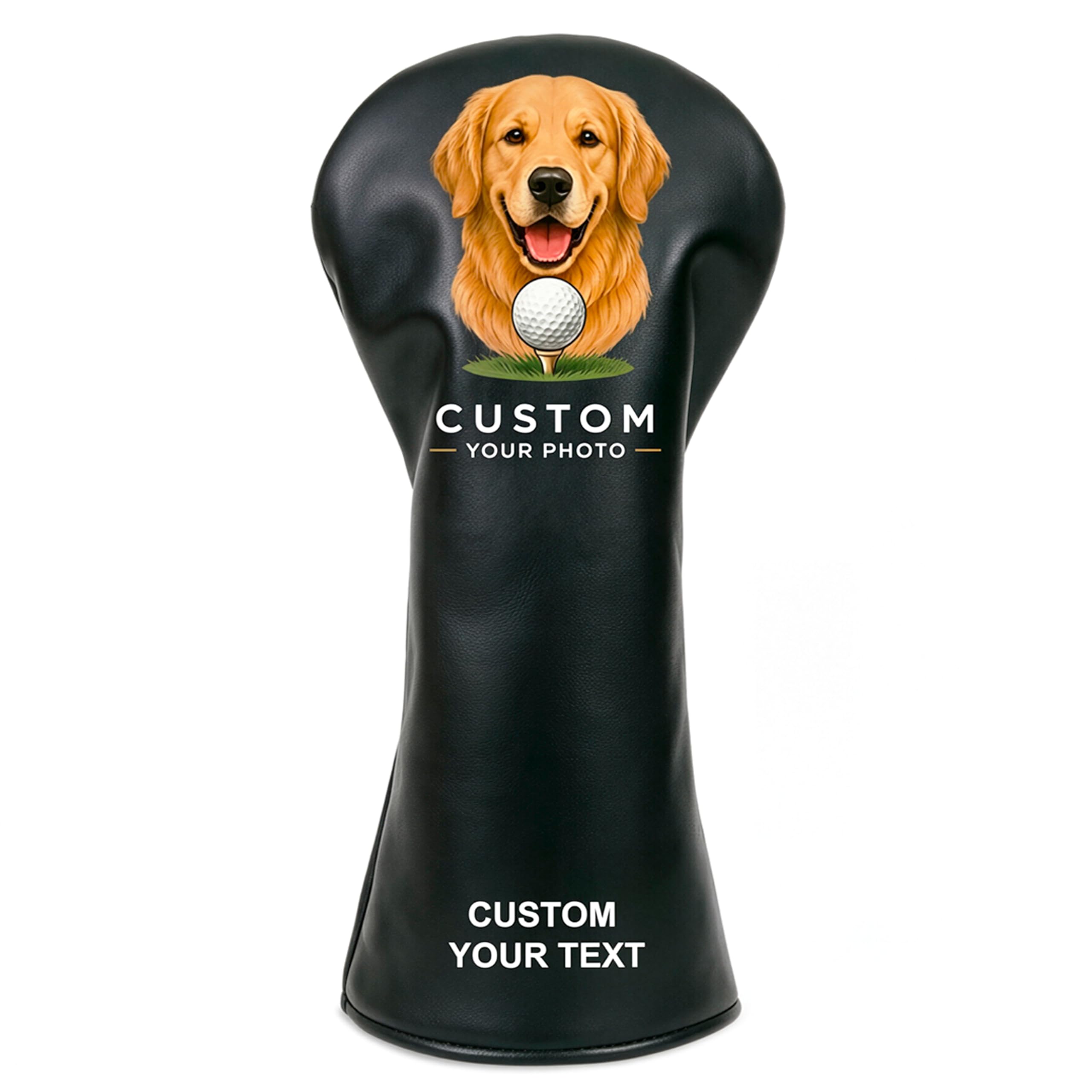 Customised Golf Headcovers for Driver Fairway Wood Hybrid, Personalised PU Leather Waterproof Club Covers with Photo Logo Name Text, Unique Pet Funny Golf Gifts Present for Men Women (Black)