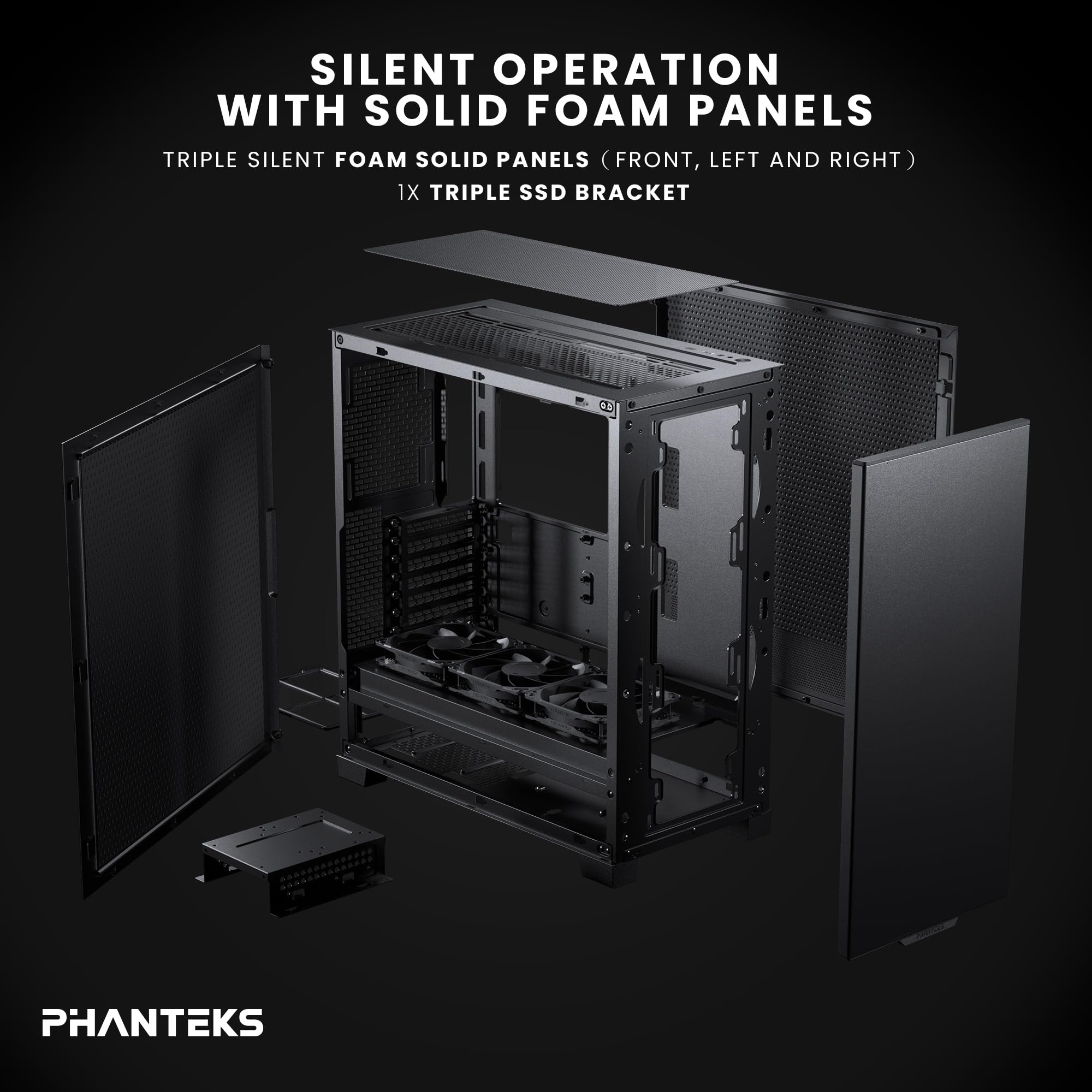 Phanteks XT Pro Silent, Mi-Tower-Spielrahmen, 3 Schwarze M25-120-Lüfter inklusive, geschlossene Panels, USB-C 3.2 Gen2, leises Gehäuse, Schwarz