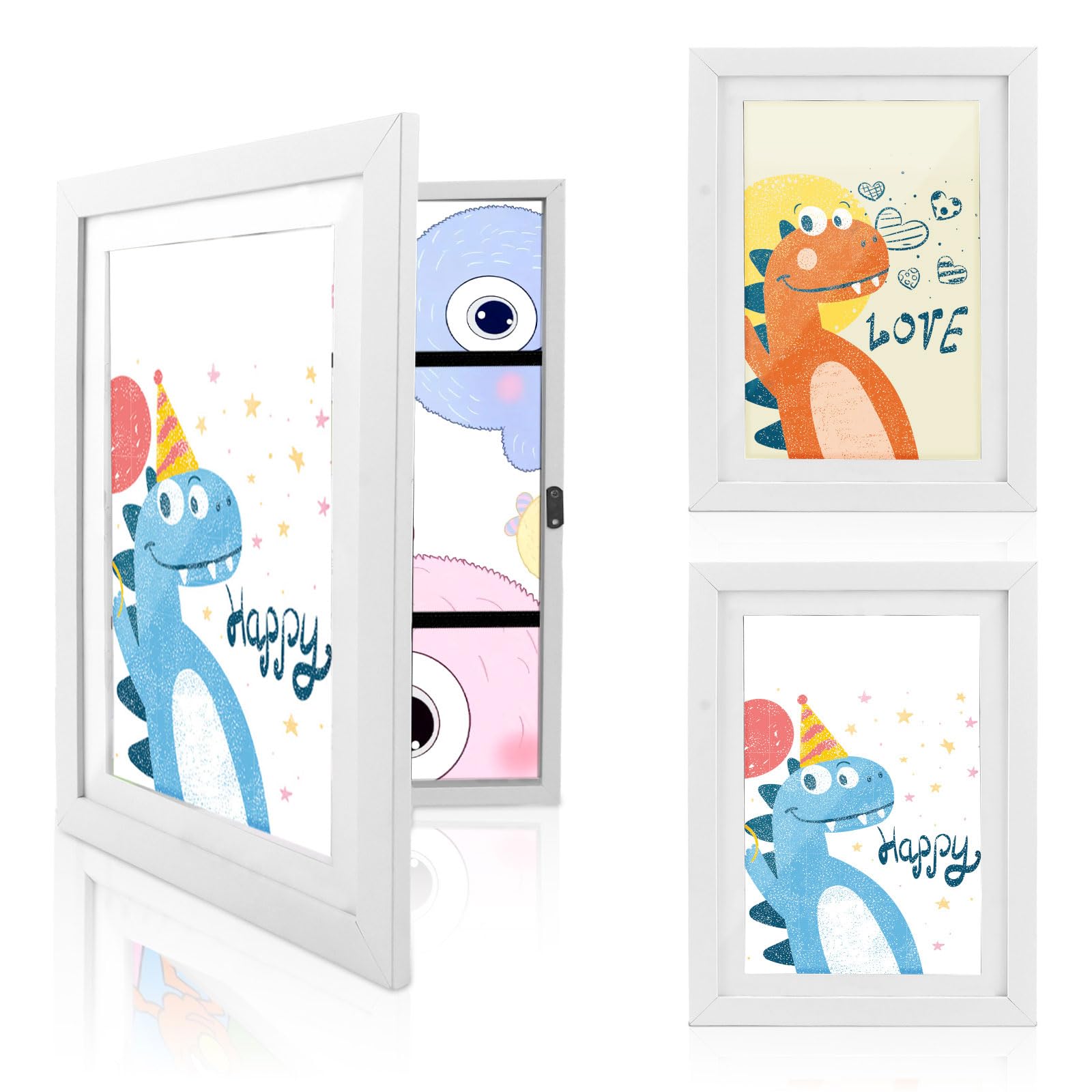 3 marcos de fotos para niños, A4, apertura frontal, marco de fotos para cambiar dibujos infantiles, A4, plegable para imágenes infantiles, marco de fotos rellenable, madera, blanco