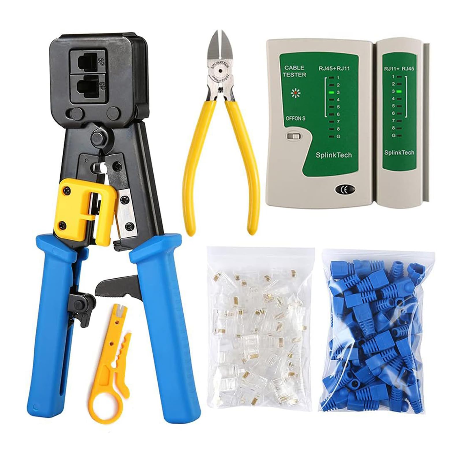 Crimpatrice elettrica completa, set di rete con custodia rigida, diversi tipi di connettori, kit di cablaggio elettrico
