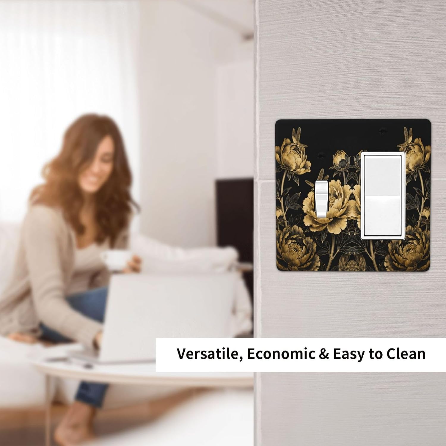 Decorative Outlet Covers Black Gold Peony Floral Dragonfly 2 Gang Light Switch Cover Plate Single Toggle 1 Rocker Wall Plates for Electrical Outlets Switch Plate Covers for Home Decor