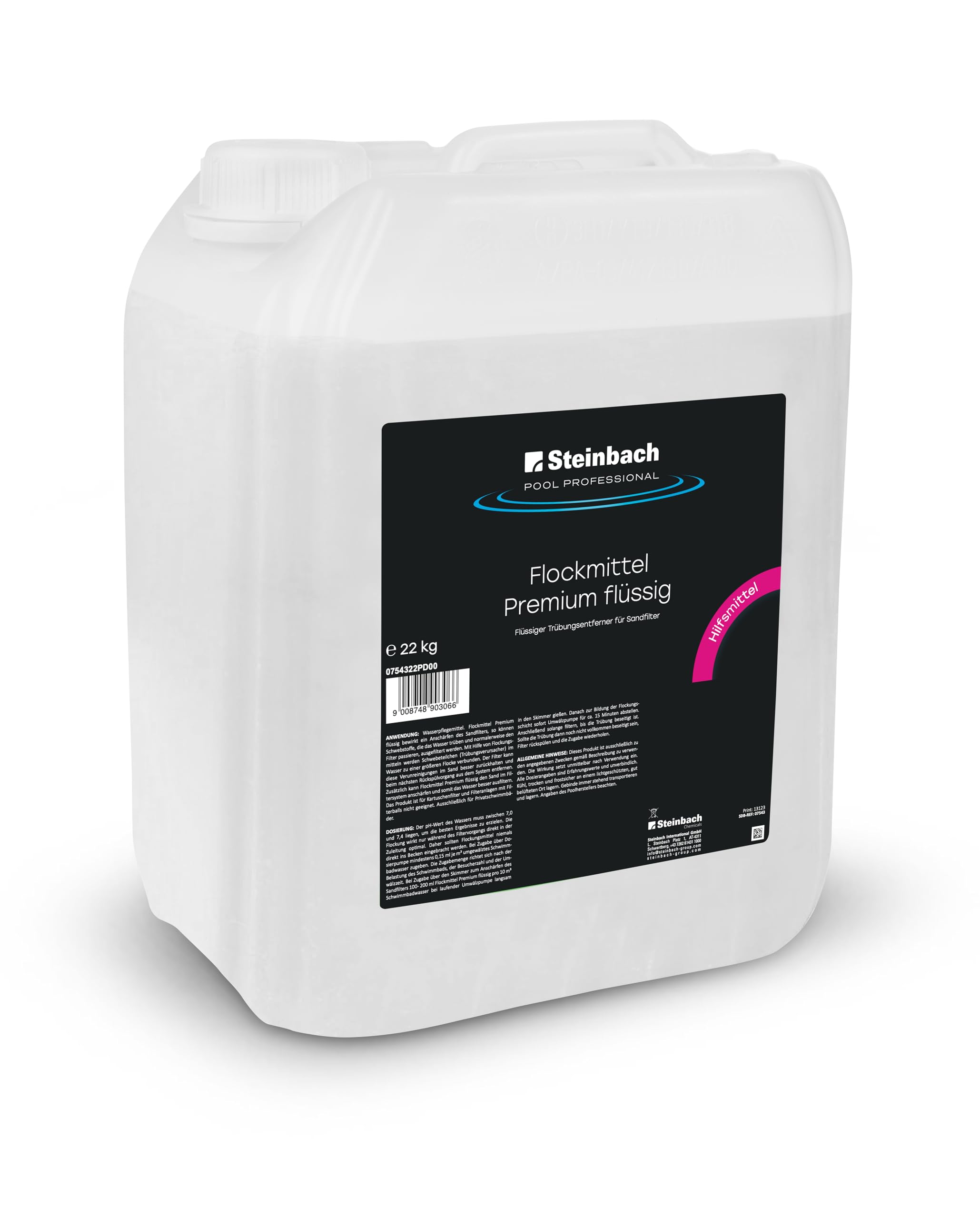STEINBACH Poolpflege Flockung flüssig - 0754322PD00-22 kg - Gegen Trübungen im Pool - Für Sandfilteranlagen - Verbessert Filterleistung - Nicht für Kartuschenfilter geeignet