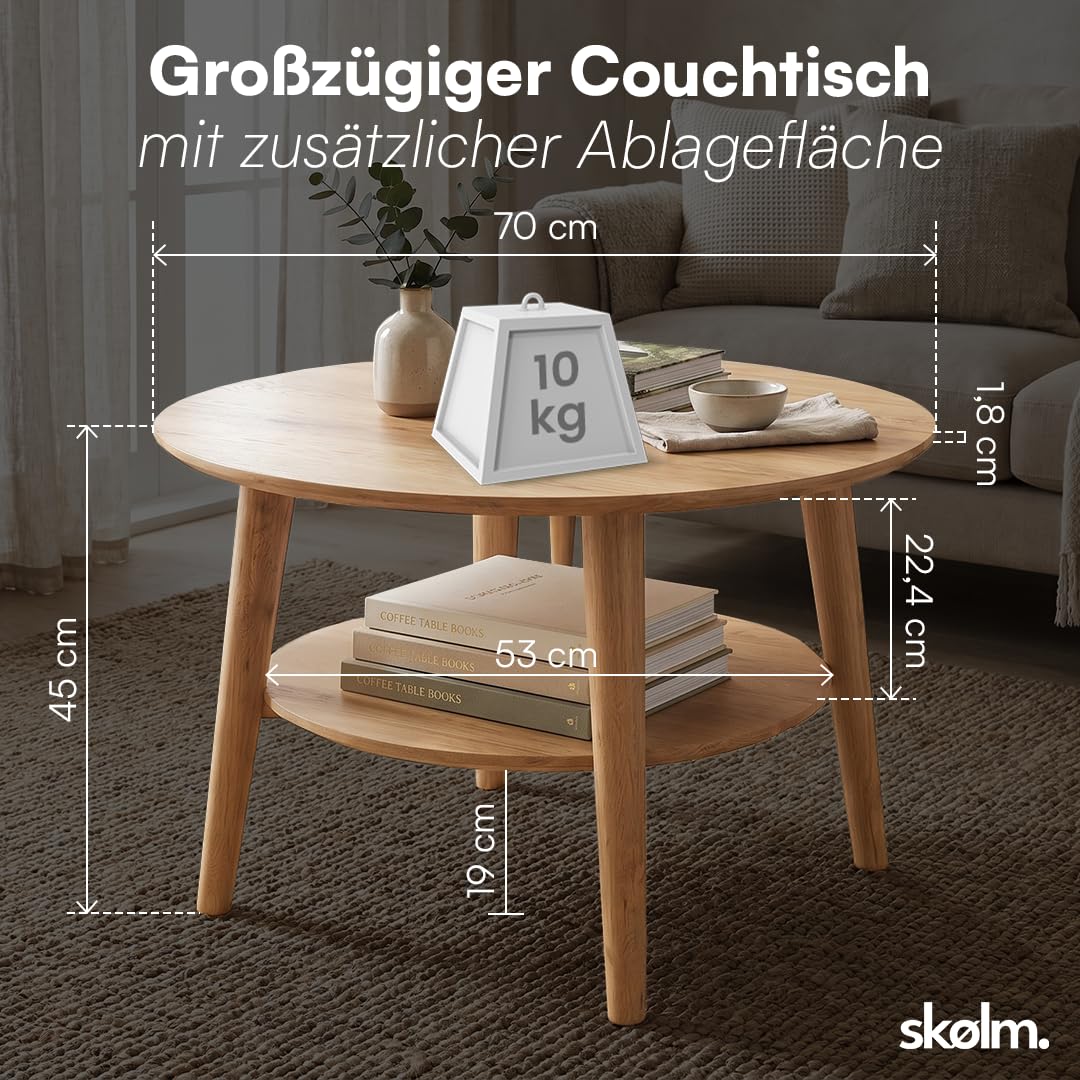 skølm Mjölnir Couchtisch rund Ø70 cm – Wohnzimmertisch aus Eiche Massivholz – Sofatisch mit 2 Ablagen – kleiner Beistelltisch Natur geölt – Holztisch Wohnzimmer mit Stauraum – Coffee Table