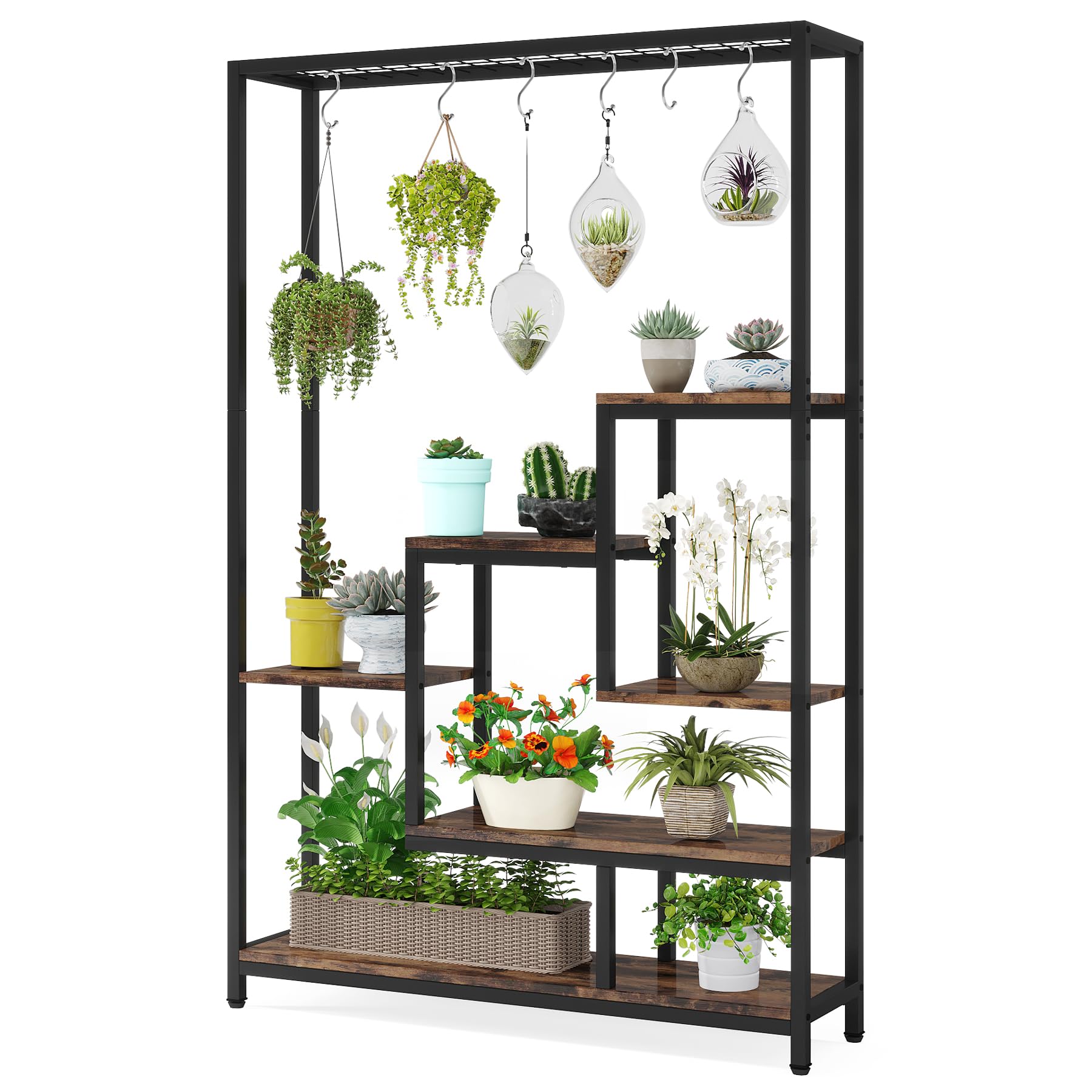 Tribesigns Pflanzenständer Blumenständer indoor 5 Etagen Pflanzenregal mit 10 S-Haken, 180 cm Blumenregal Metall für Balkon Deko Garten Blumentreppe Wohzimmer (Braun)